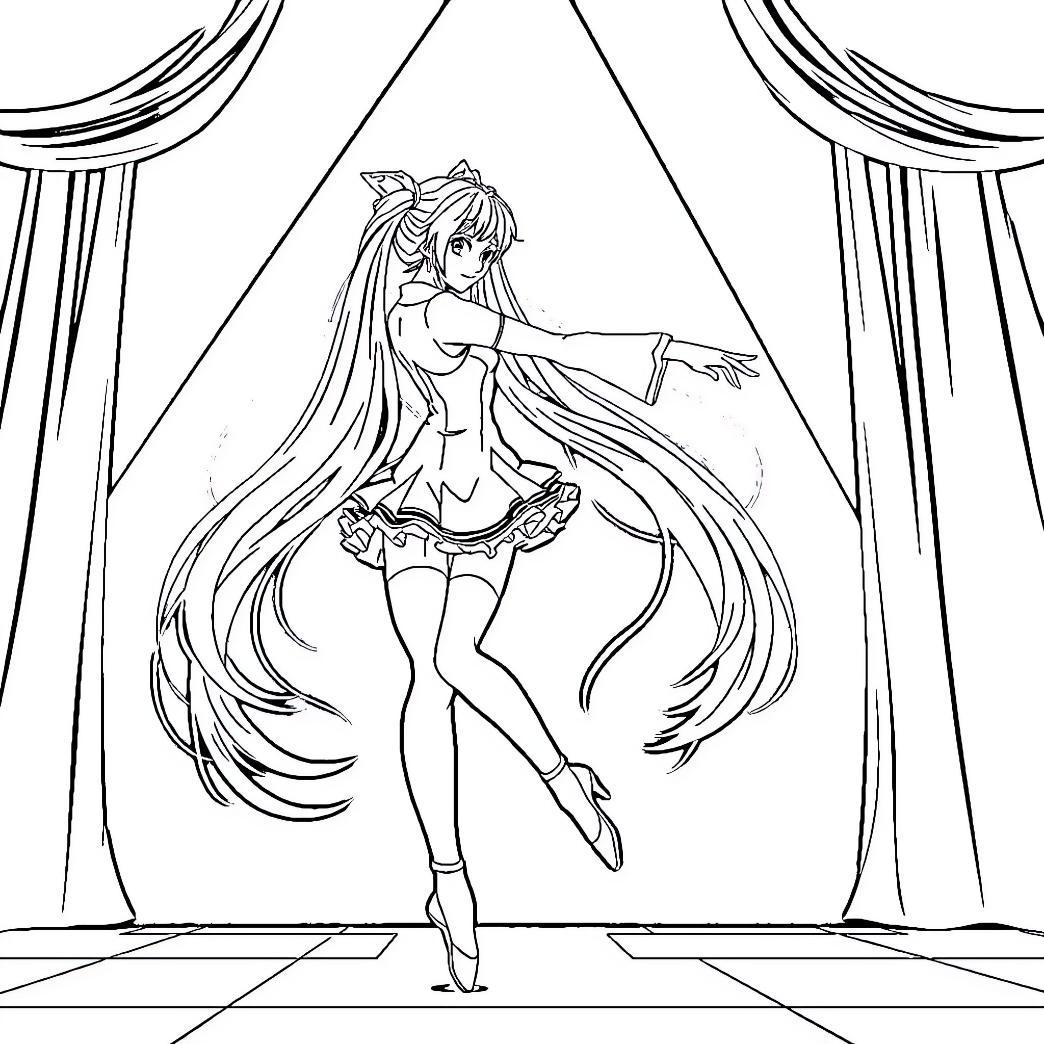 Miku performing on stage with flowing hair and elegant attire Coloring Page (free black-and-white line drawing printable PDF for all, from beginners to advanced learners, including children, teens, adults, and seniors)
