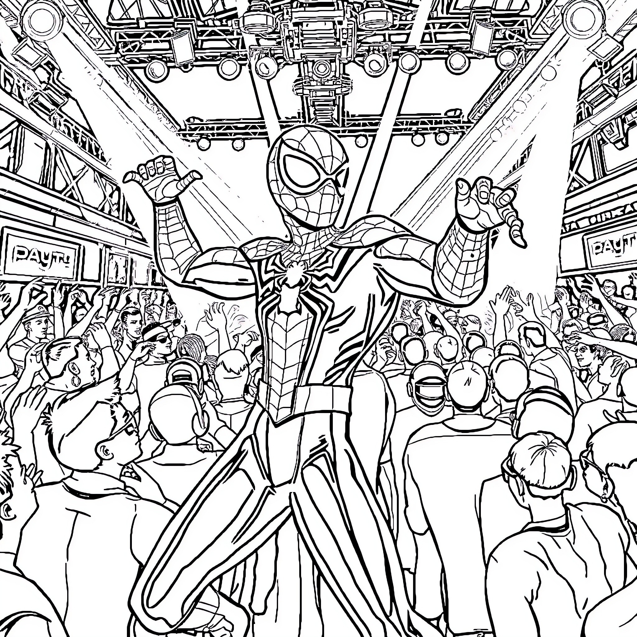 Spider-Man Swinging Above the Cheering Crowd Coloring Page (free black-and-white line drawing printable PDF for all, from beginners to advanced learners, including children, teens, adults, and seniors)