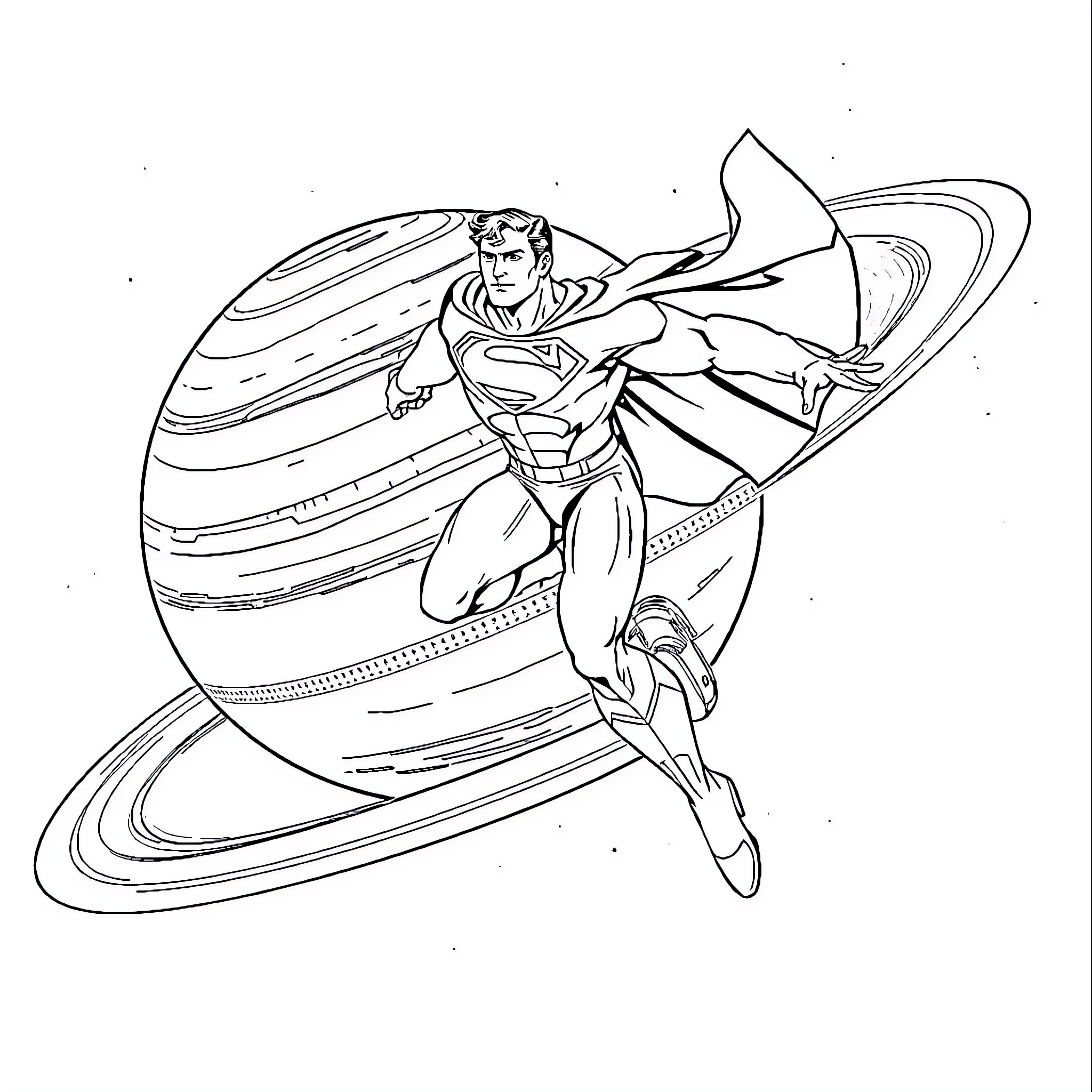 Superman soaring through cosmic space Coloring Page (free black-and-white line drawing printable PDF for all, from beginners to advanced learners, including children, teens, adults, and seniors)