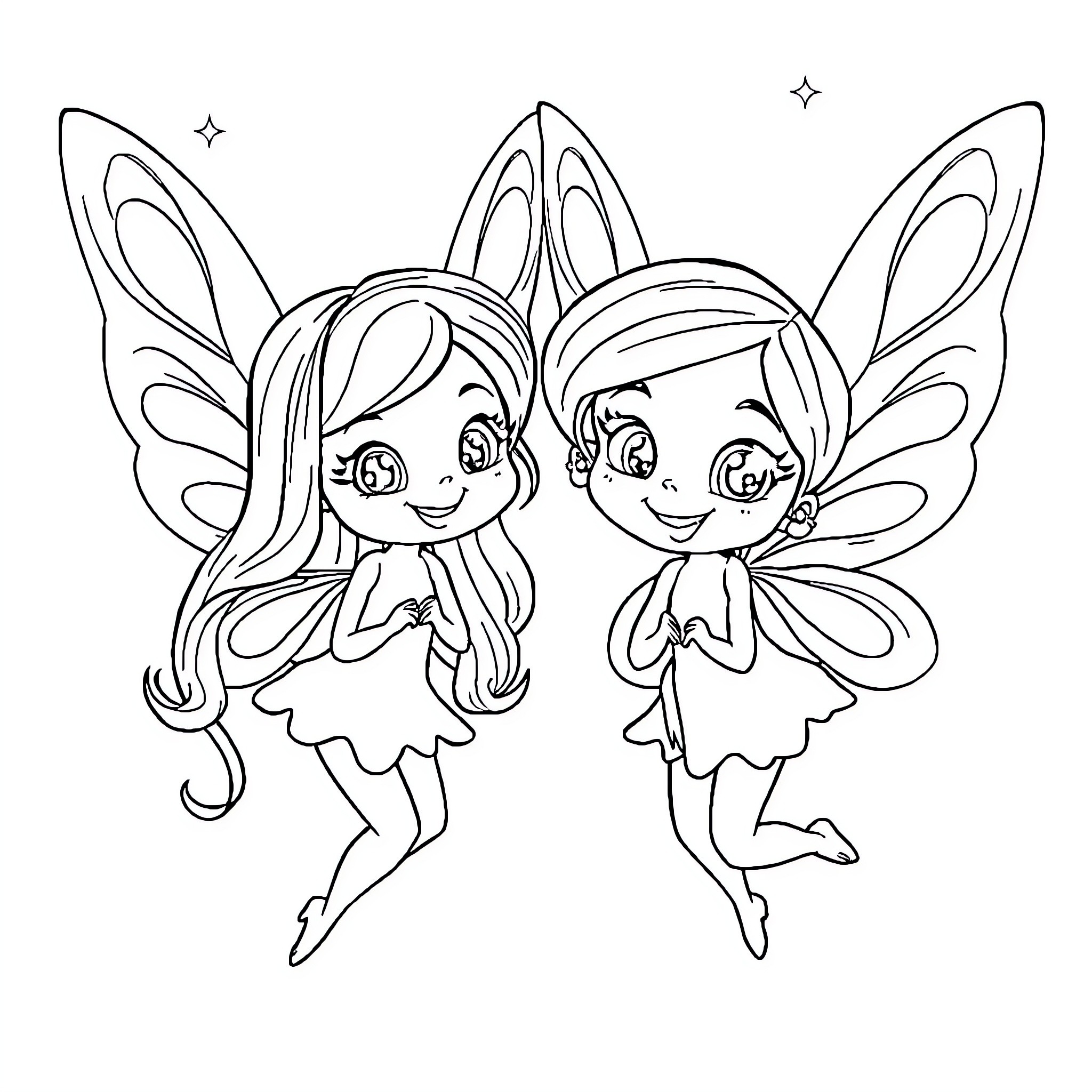 Fairy friends enjoying a magical moment Coloring Page (free black-and-white line drawing printable PDF for all, from beginners to advanced learners, including children, teens, adults, and seniors)