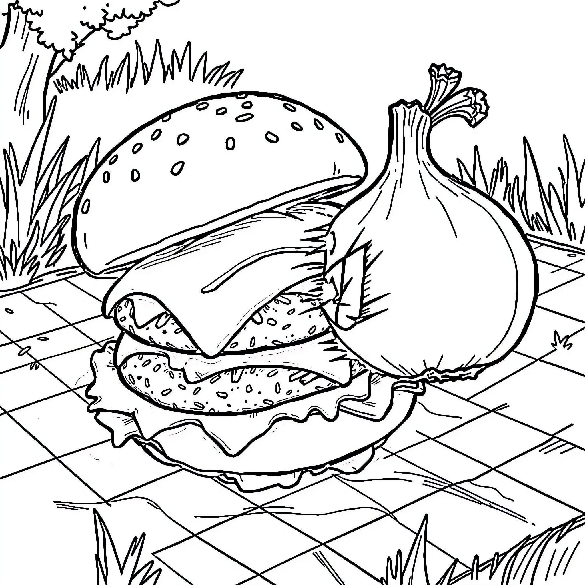 Cheeseburger with veggies on checkered background Coloring Page (free black-and-white line drawing printable PDF for all, from beginners to advanced learners, including children, teens, adults, and seniors)