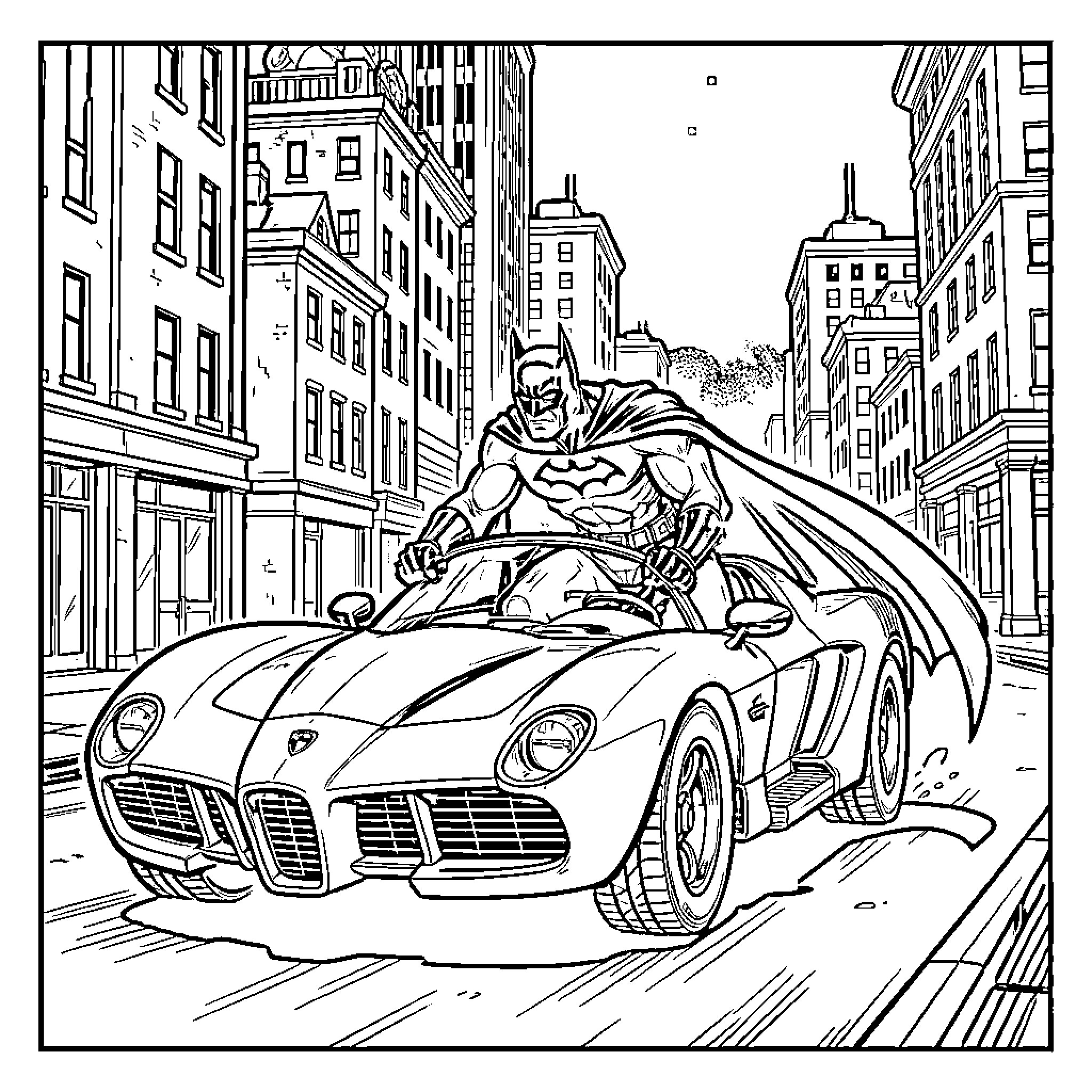 Batman driving a high-speed sports car through the city Coloring Page (free black-and-white line drawing printable PDF for all, from beginners to advanced learners, including children, teens, adults, and seniors)