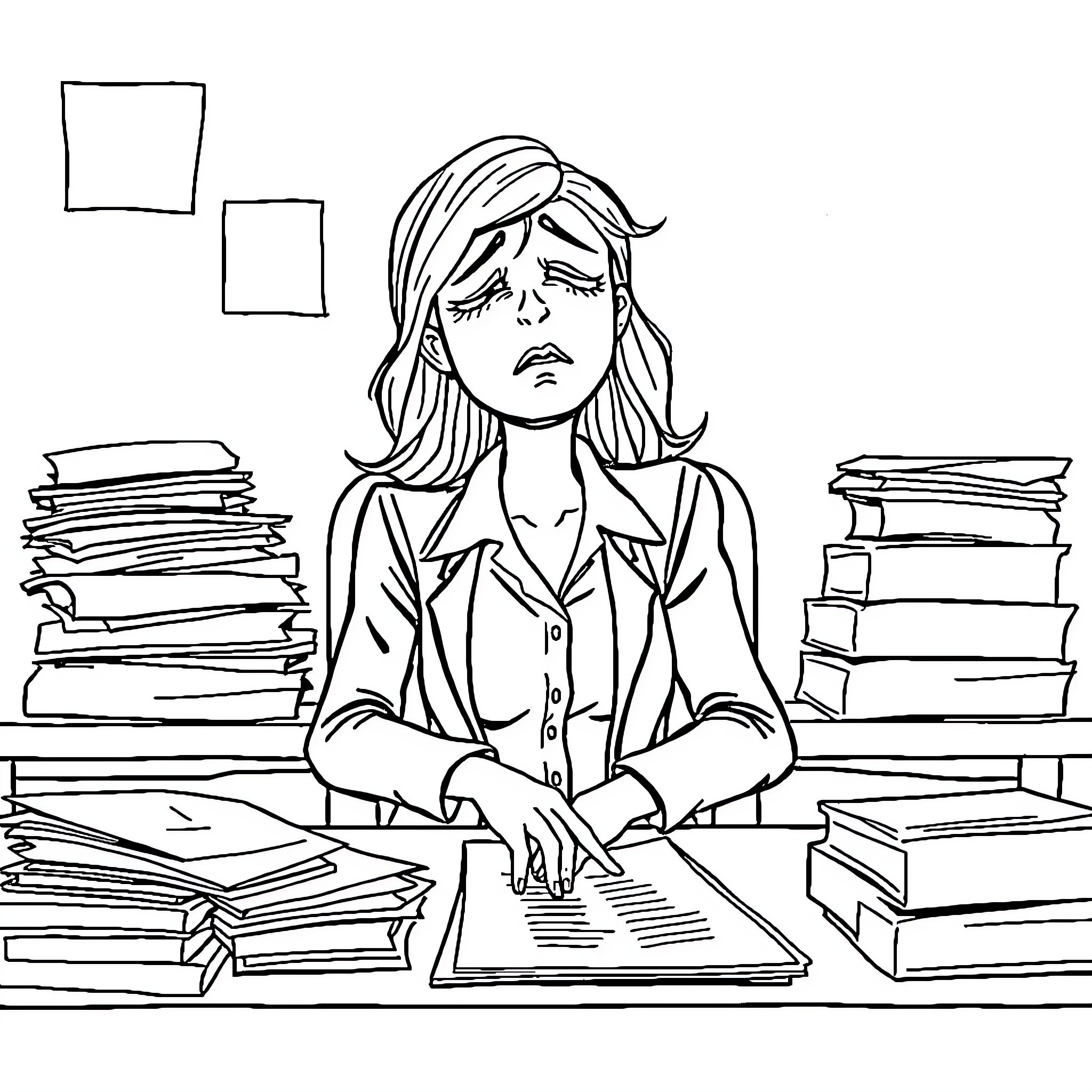 Worker Focused on Paperwork at Desk Coloring Page (free black-and-white line drawing printable PDF for all, from beginners to advanced learners, including children, teens, adults, and seniors)