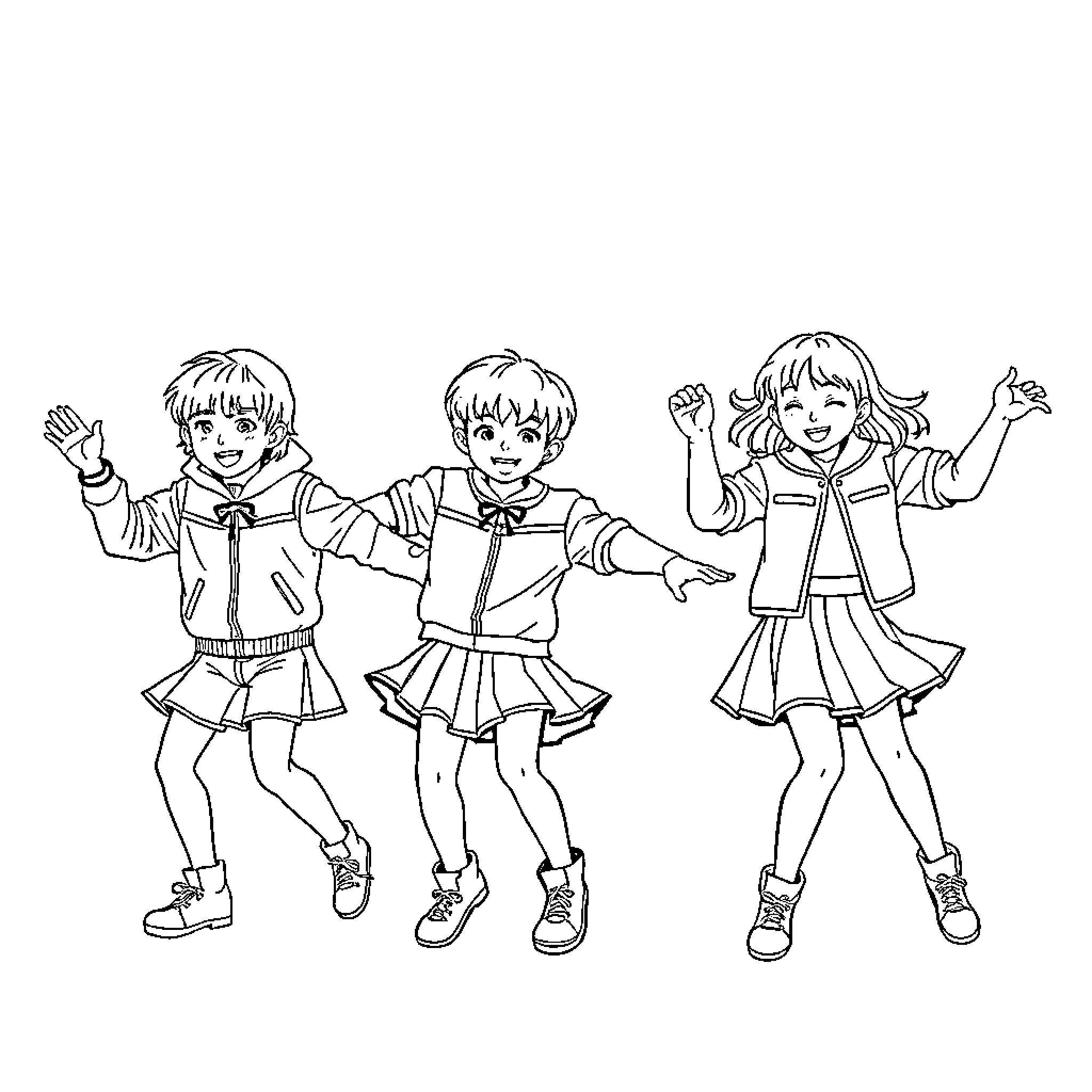 K Pop Warrior Trio Performing with Energy Coloring Page (free black-and-white line drawing printable PDF for all, from beginners to advanced learners, including children, teens, adults, and seniors)