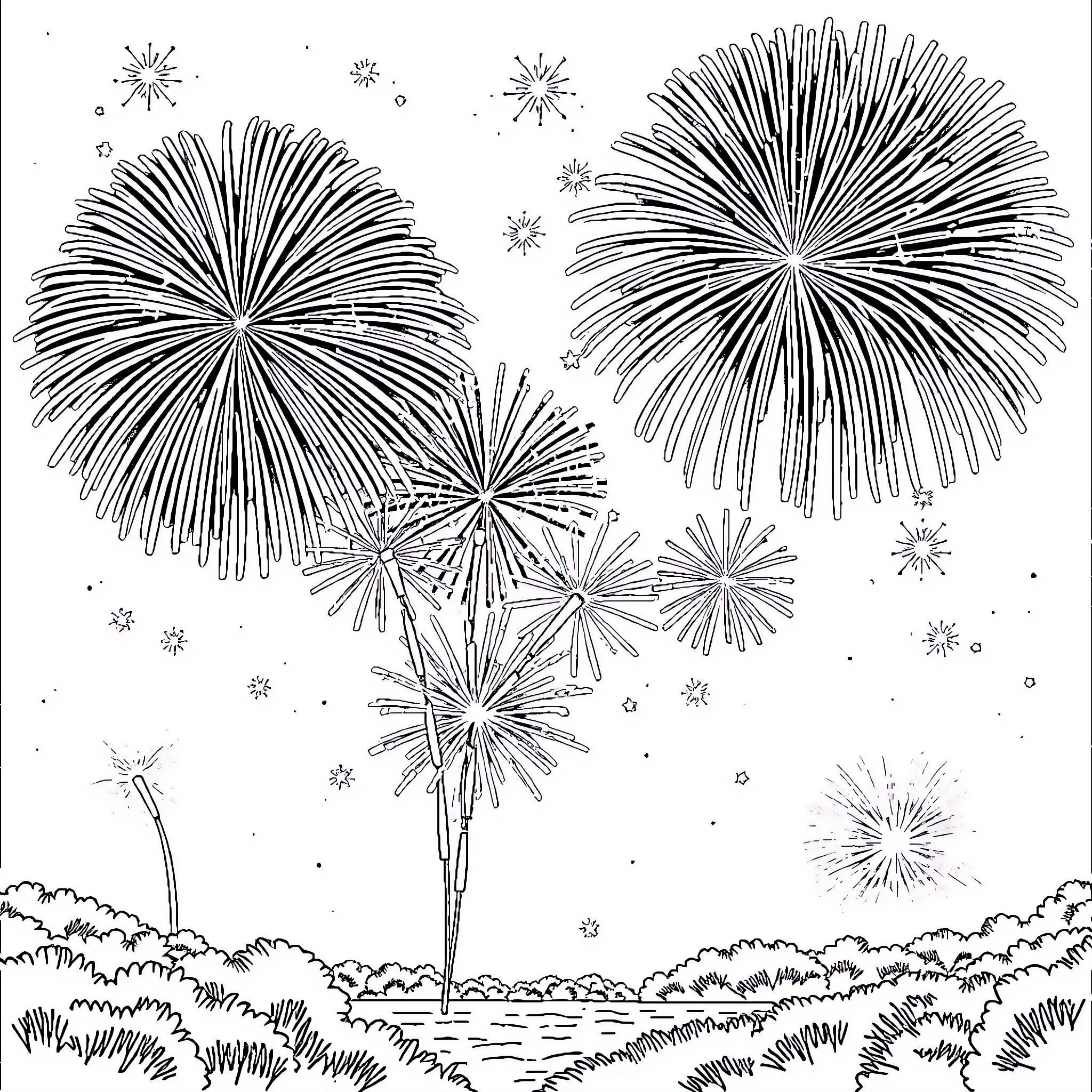 Fourth of July Fireworks Display Over Landscape Coloring Page (free black-and-white line drawing printable PDF for all, from beginners to advanced learners, including children, teens, adults, and seniors)