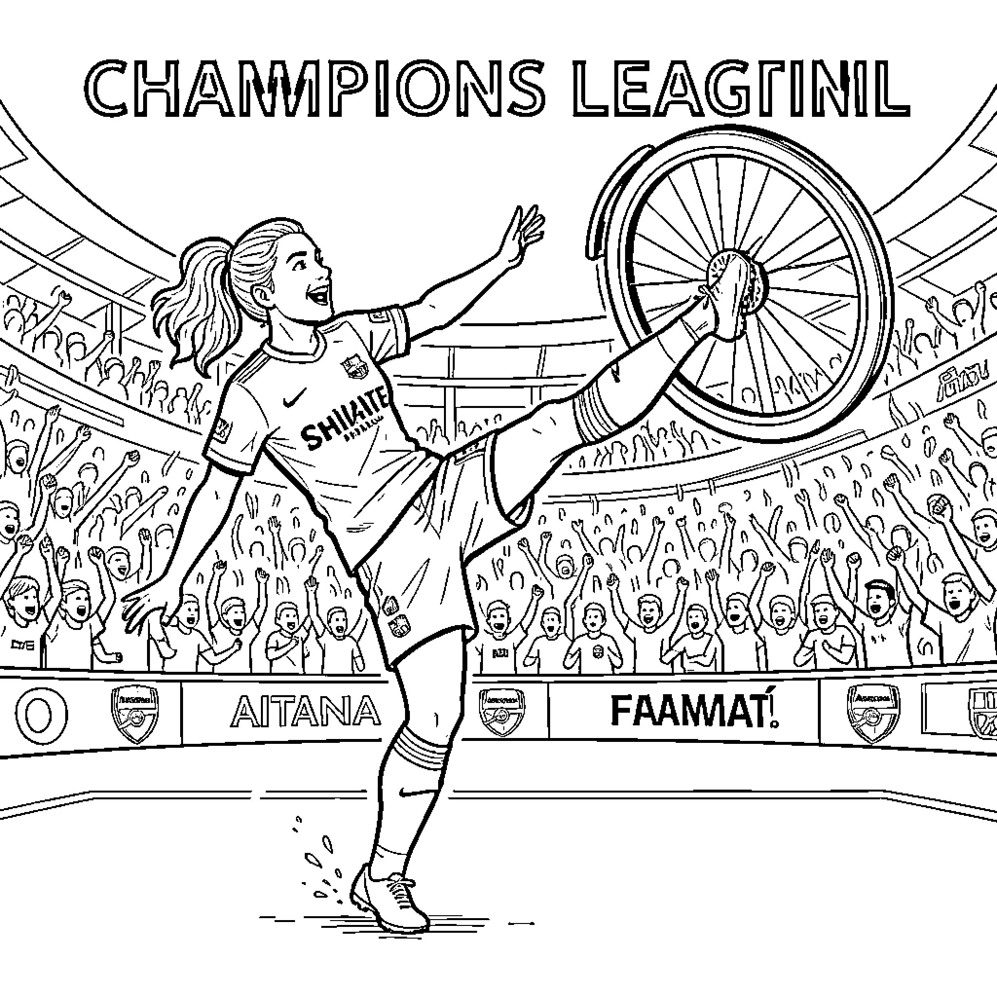 Aitana Bonmatí celebrating Champions League victory Coloring Page (free black-and-white line drawing printable PDF for all, from beginners to advanced learners, including children, teens, adults, and seniors)
