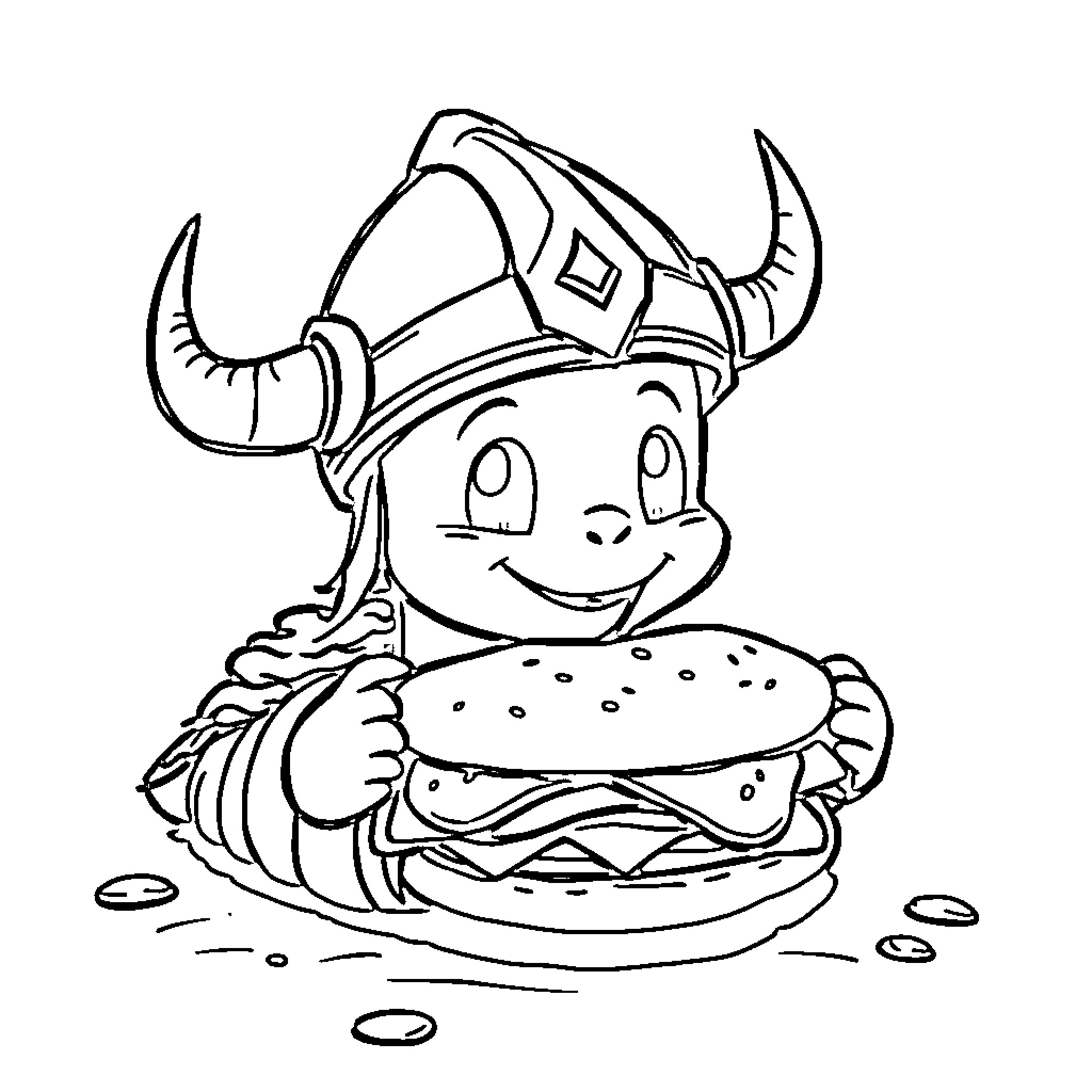 Worm enjoying a tasty burger Coloring Page (free black-and-white line drawing printable PDF for all, from beginners to advanced learners, including children, teens, adults, and seniors)