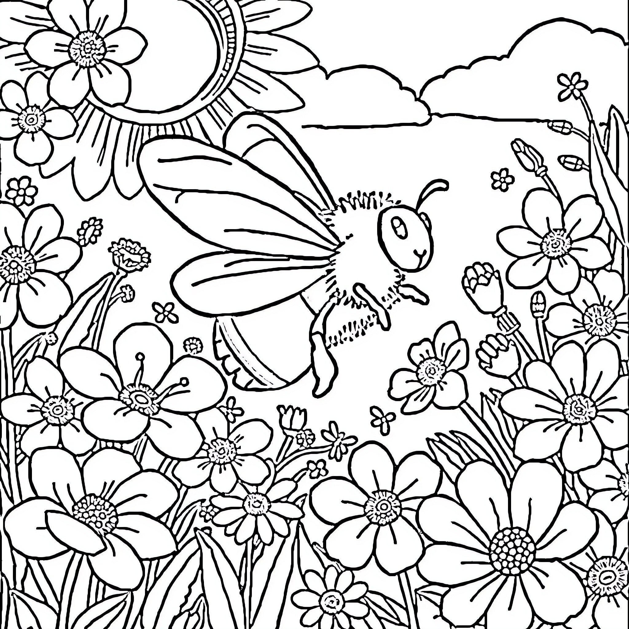 Bee flying among vibrant flowers in a garden Coloring Page (free black-and-white line drawing printable PDF for all, from beginners to advanced learners, including children, teens, adults, and seniors)