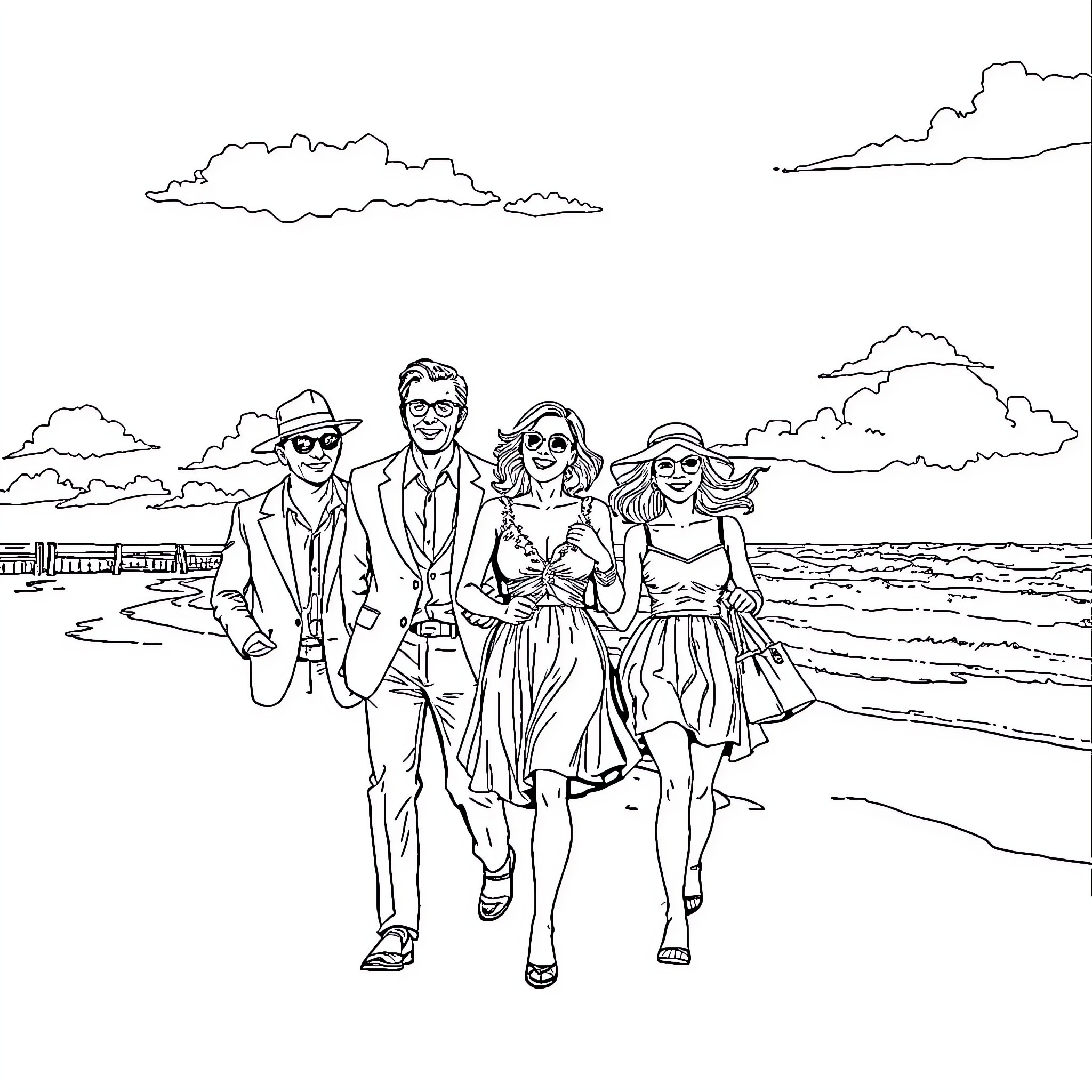 Monsieur Madame enjoy a beach stroll on a sunny day Coloring Page (free black-and-white line drawing printable PDF for all, from beginners to advanced learners, including children, teens, adults, and seniors)