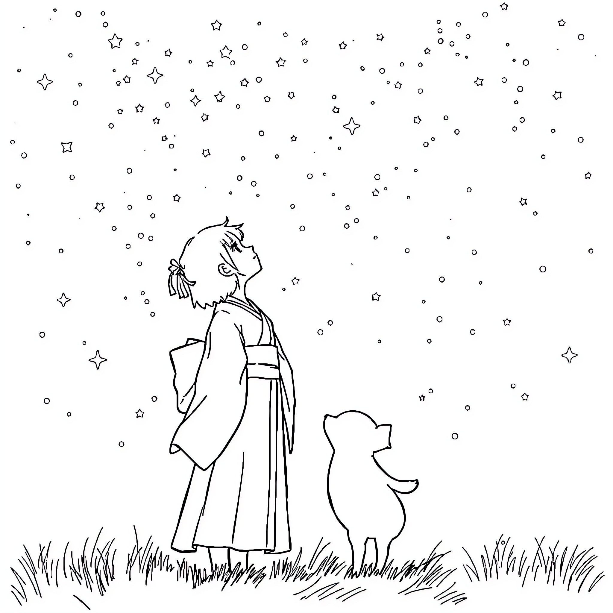 Shinobu admiring the starry night with her companion Coloring Page (free black-and-white line drawing printable PDF for all, from beginners to advanced learners, including children, teens, adults, and seniors)
