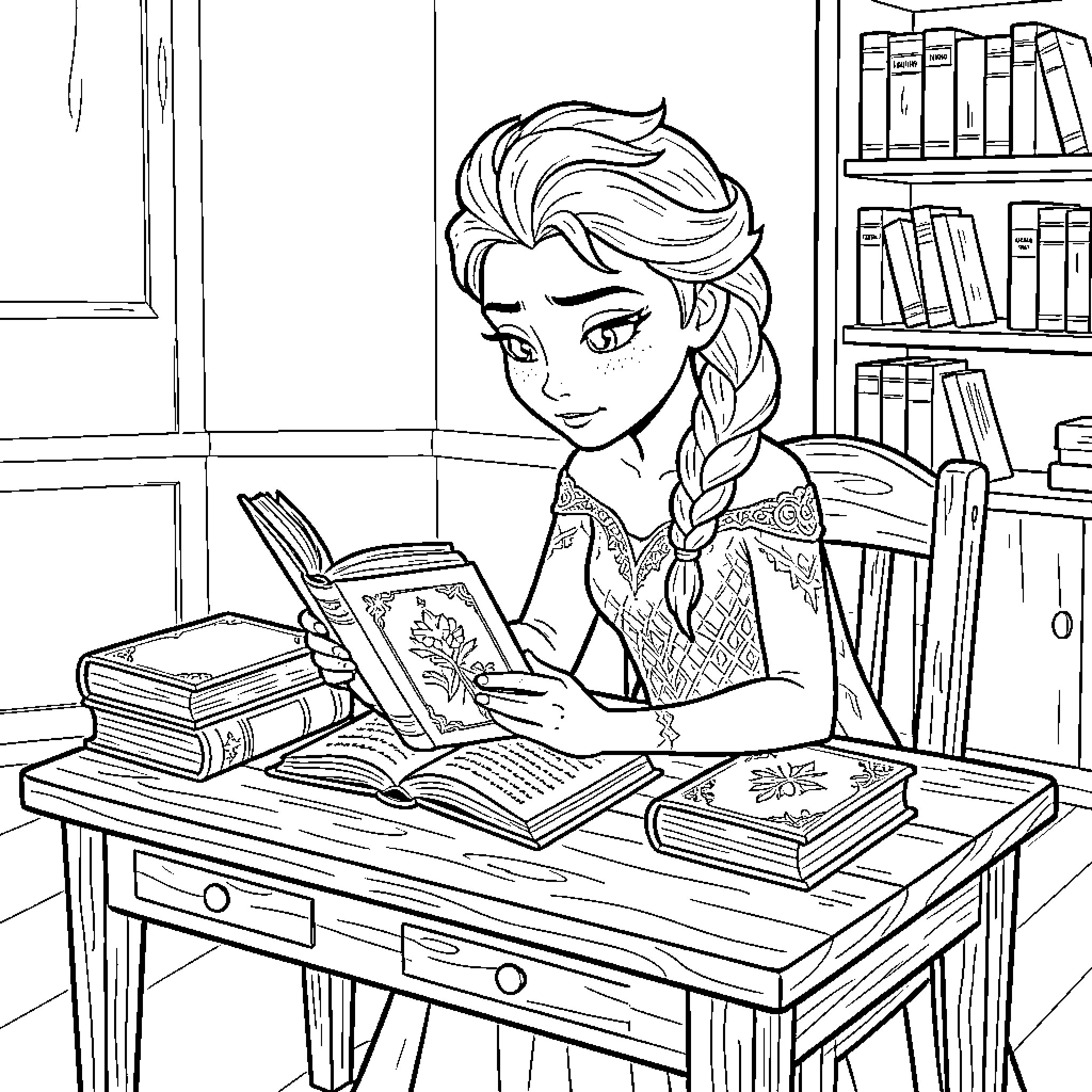 Elsa reading books diligently in the library Coloring Page (free black-and-white line drawing printable PDF for all, from beginners to advanced learners, including children, teens, adults, and seniors)
