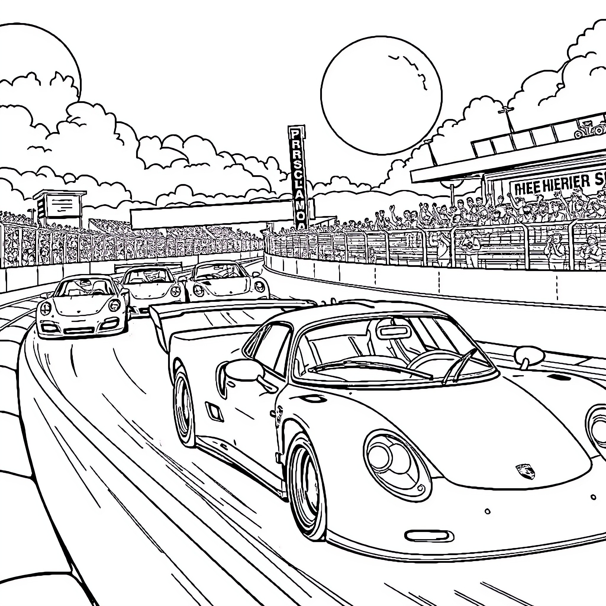 Porsche Racers Speeding on the Track Coloring Page (free black-and-white line drawing printable PDF for all, from beginners to advanced learners, including children, teens, adults, and seniors)