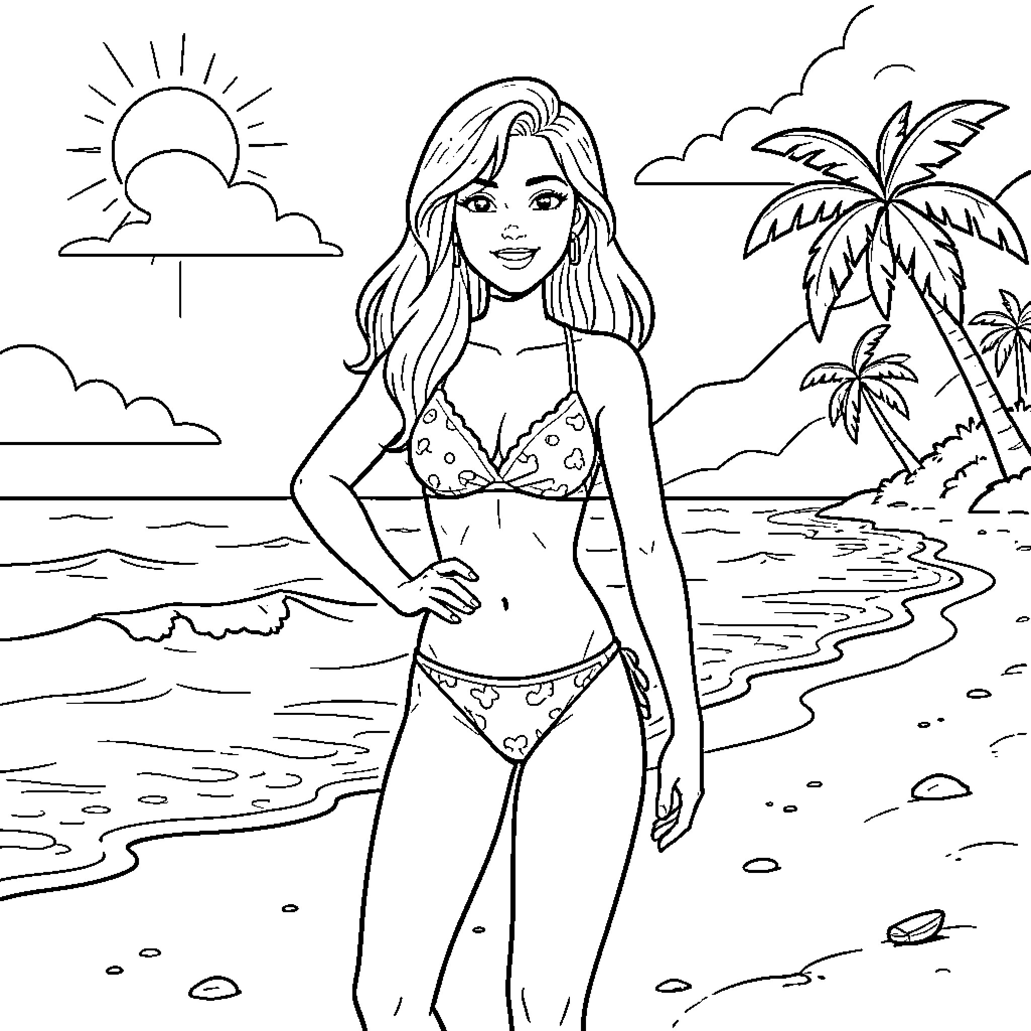 Girl standing confidently on a tropical beach Coloring Page (free black-and-white line drawing printable PDF for all, from beginners to advanced learners, including children, teens, adults, and seniors)
