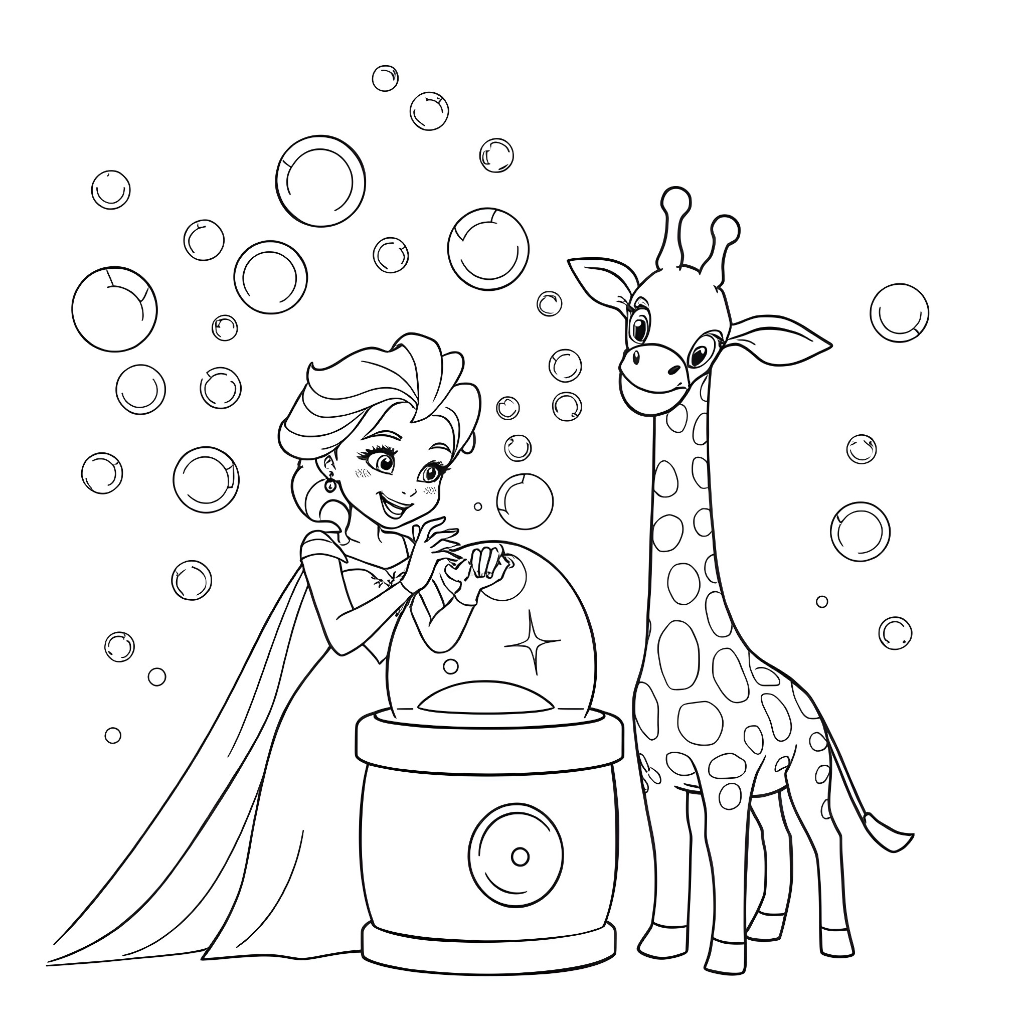 Elsa Blowing Bubbles with Giraffe Friend Coloring Page (free black-and-white line drawing printable PDF for all, from beginners to advanced learners, including children, teens, adults, and seniors)