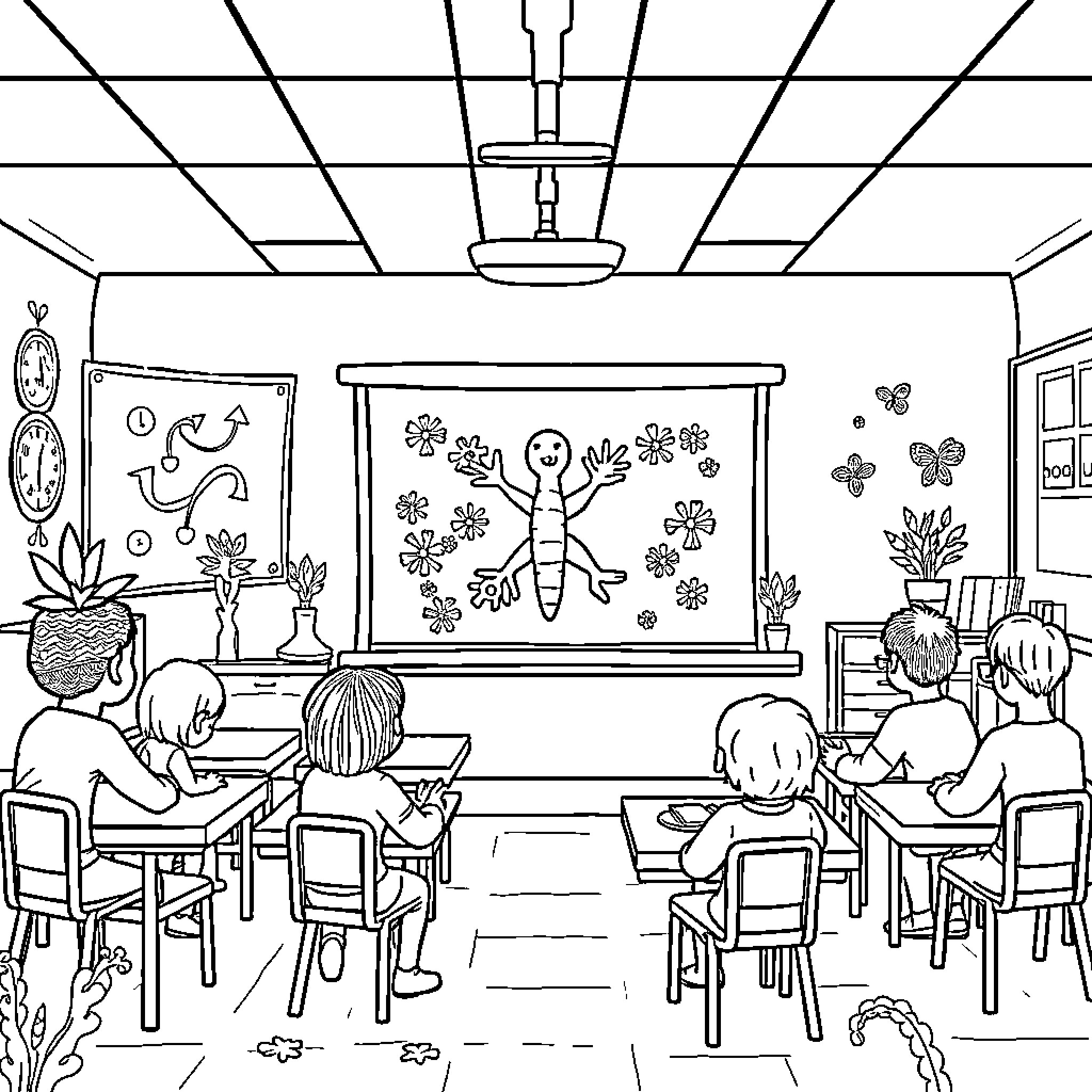 Immunity Building: Children Exploring Nature in the Classroom Coloring Page (free black-and-white line drawing printable PDF for all, from beginners to advanced learners, including children, teens, adults, and seniors)