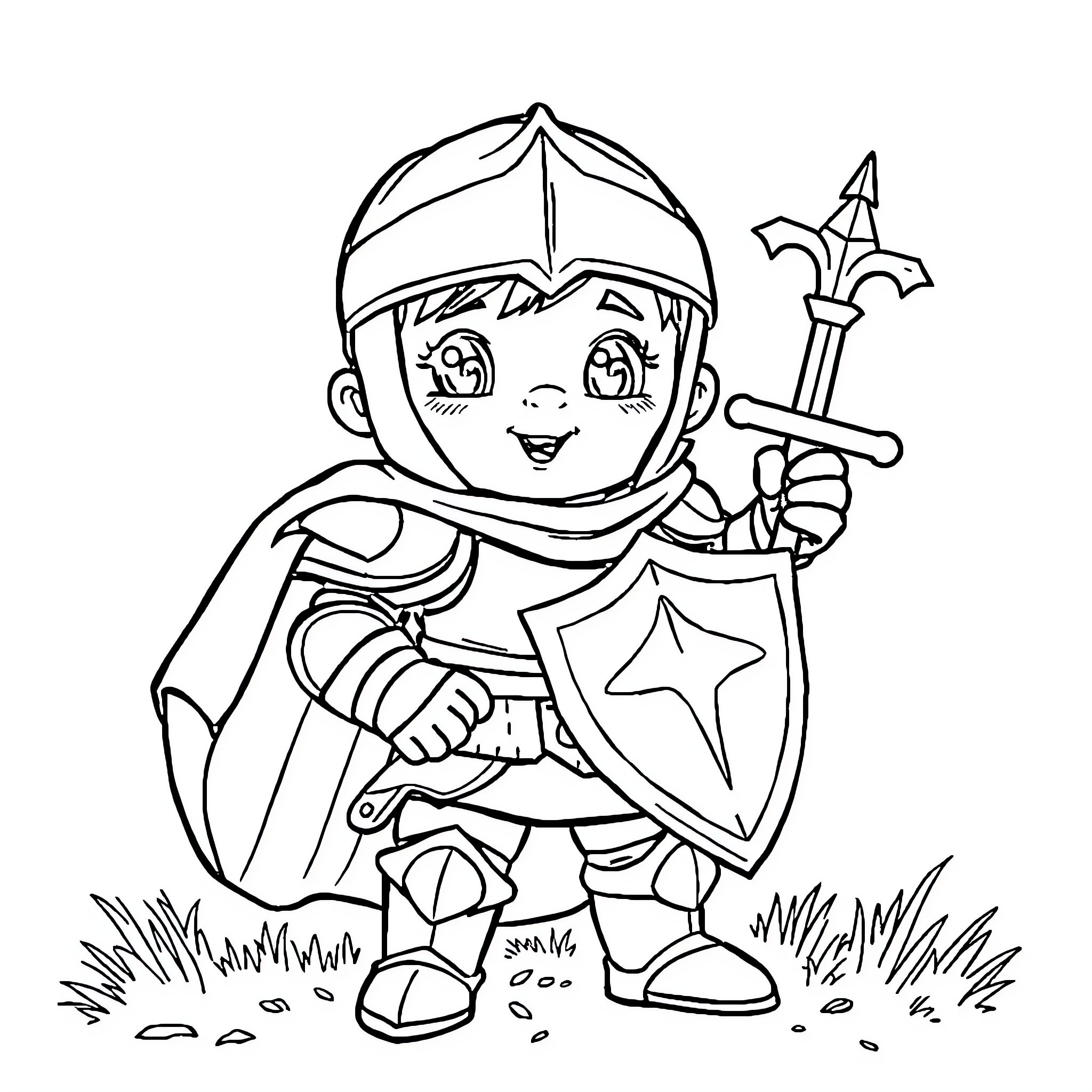 Knight in Shining Armor Wielding Sword and Shield Coloring Page (free black-and-white line drawing printable PDF for all, from beginners to advanced learners, including children, teens, adults, and seniors)