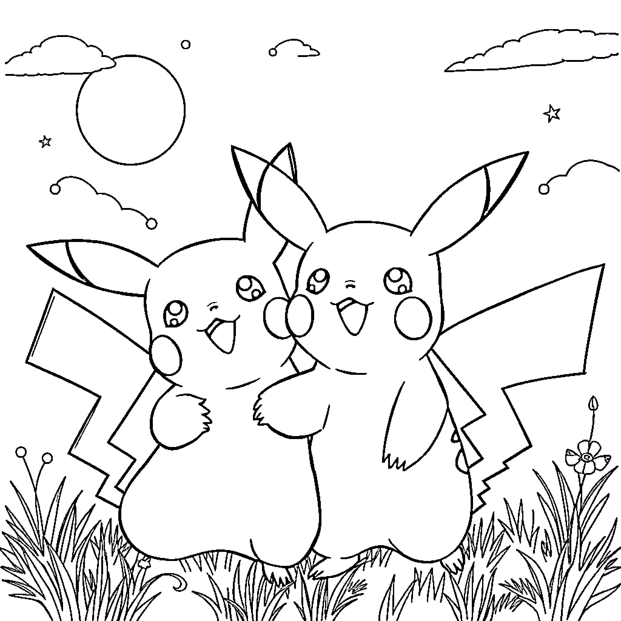 E-nigma Pikachu Friends Playing in Enchanted Forest Coloring Page (free black-and-white line drawing printable PDF for all, from beginners to advanced learners, including children, teens, adults, and seniors)