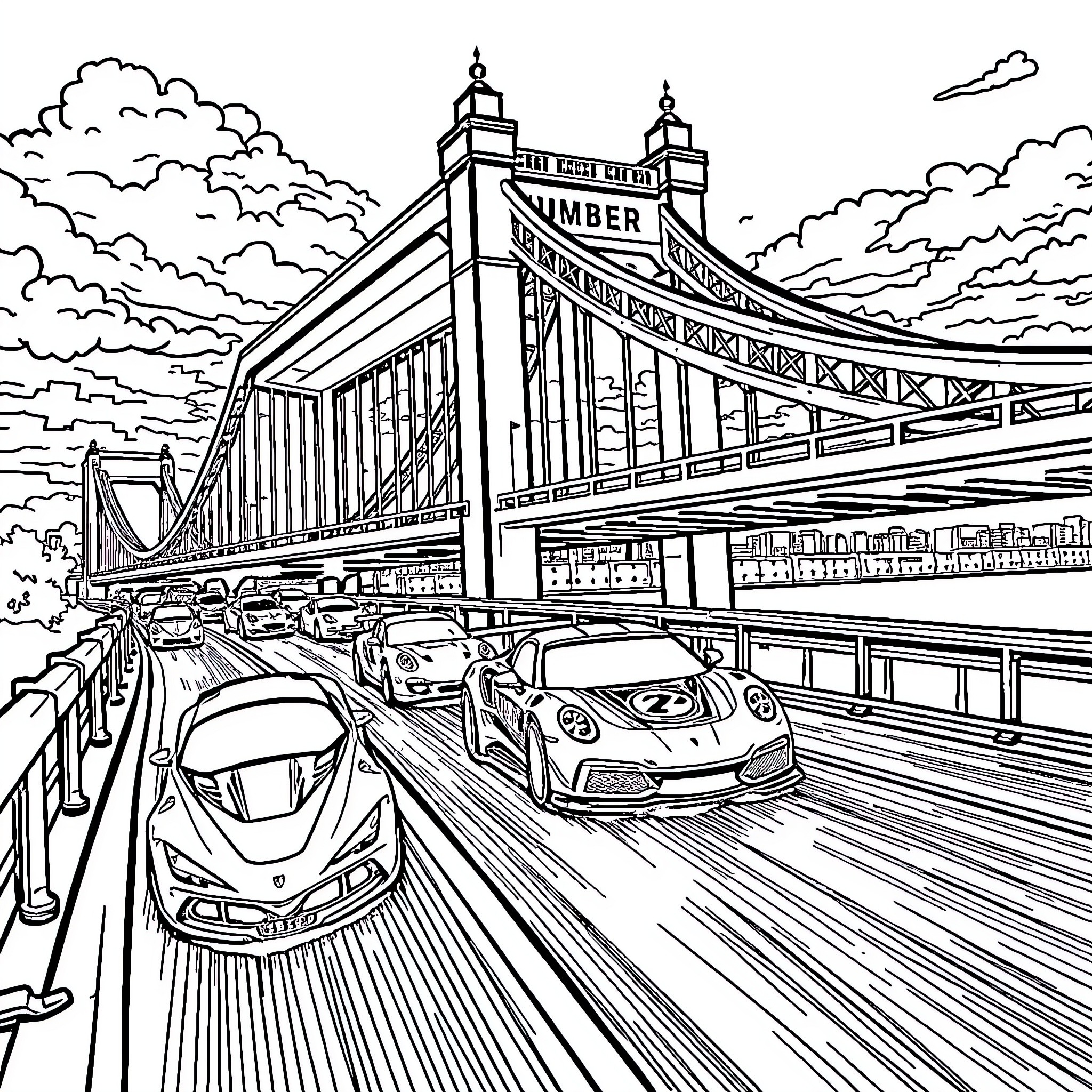 Hot Wheels racing through a busy city bridge Coloring Page (free black-and-white line drawing printable PDF for all, from beginners to advanced learners, including children, teens, adults, and seniors)