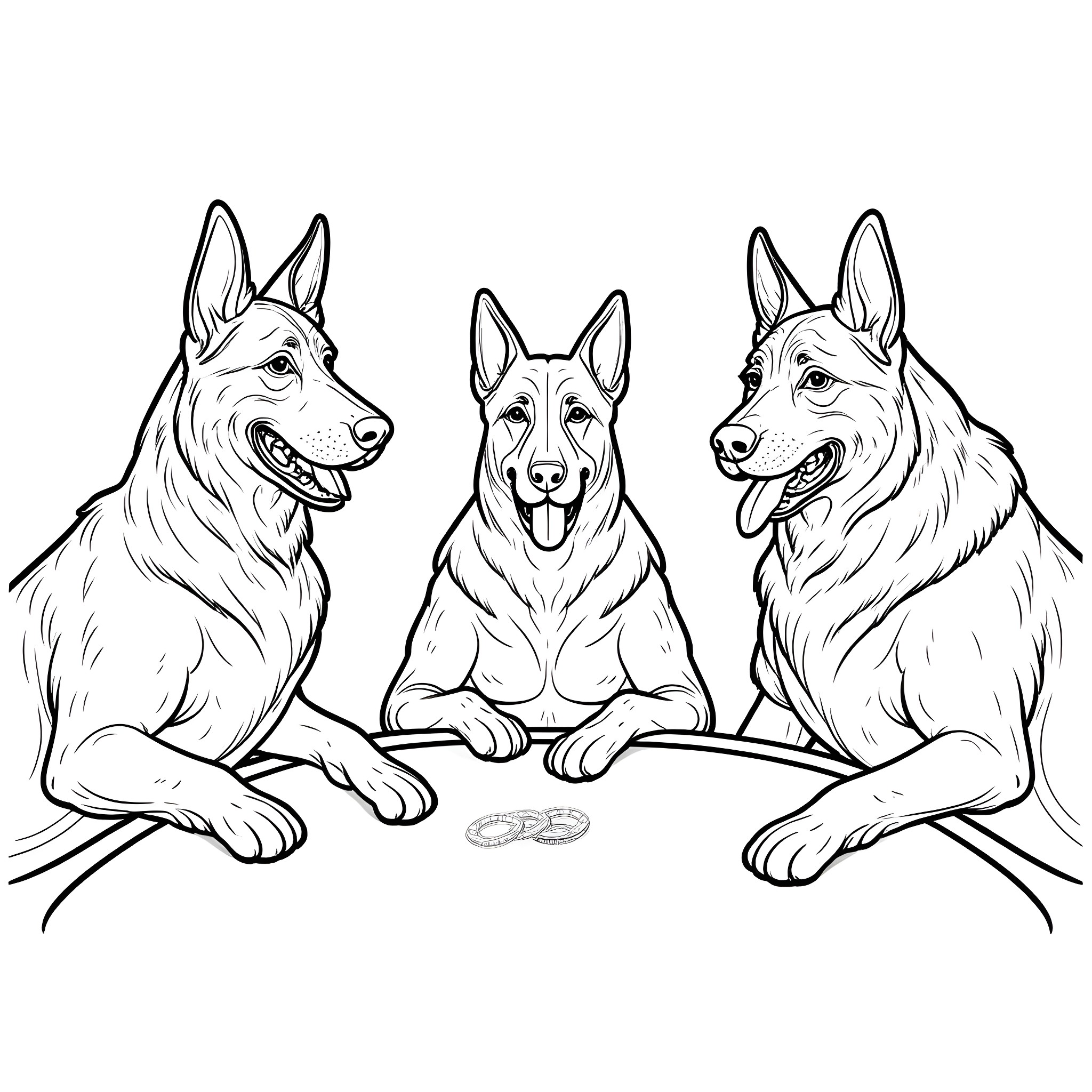 Dogs playing with a toy in the park Coloring Page (free black-and-white line drawing printable PDF for all, from beginners to advanced learners, including children, teens, adults, and seniors)