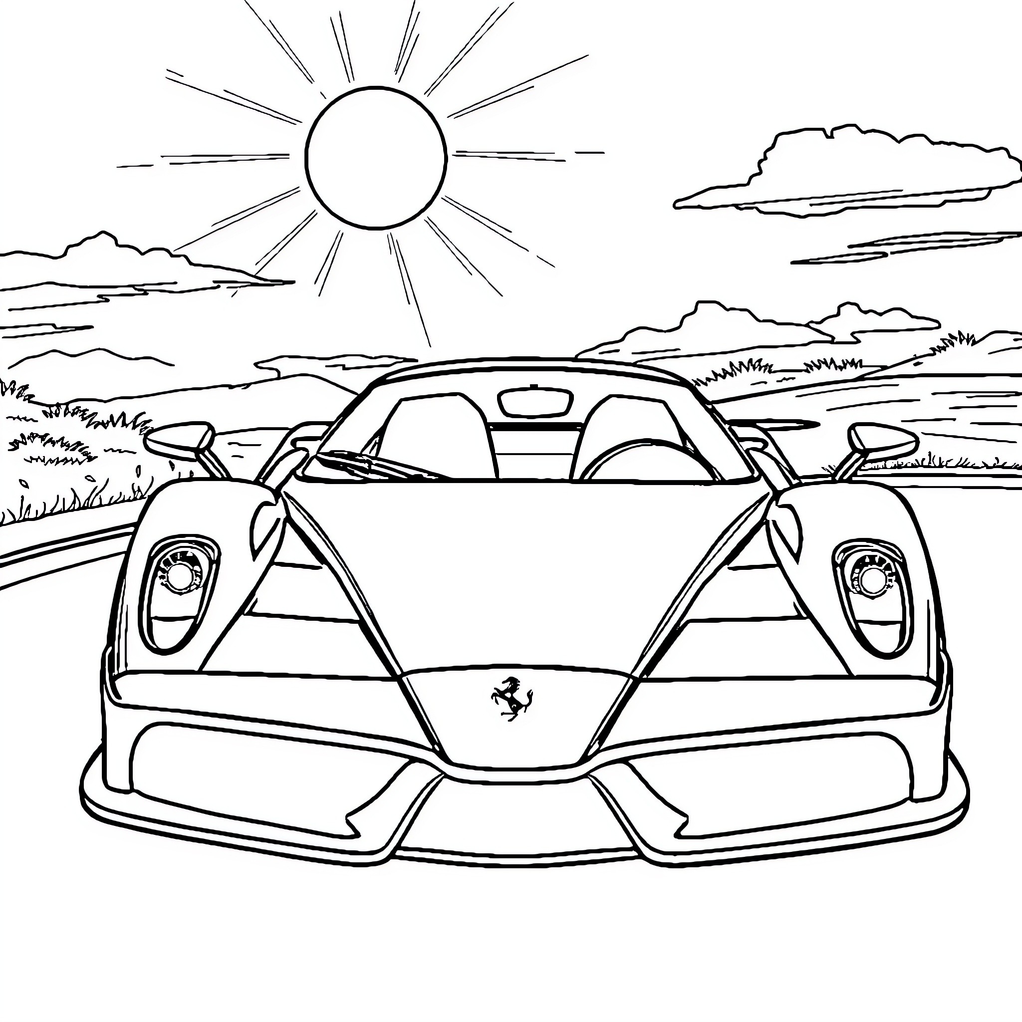 Ferrari sports car driving on scenic road Coloring Page (free black-and-white line drawing printable PDF for all, from beginners to advanced learners, including children, teens, adults, and seniors)