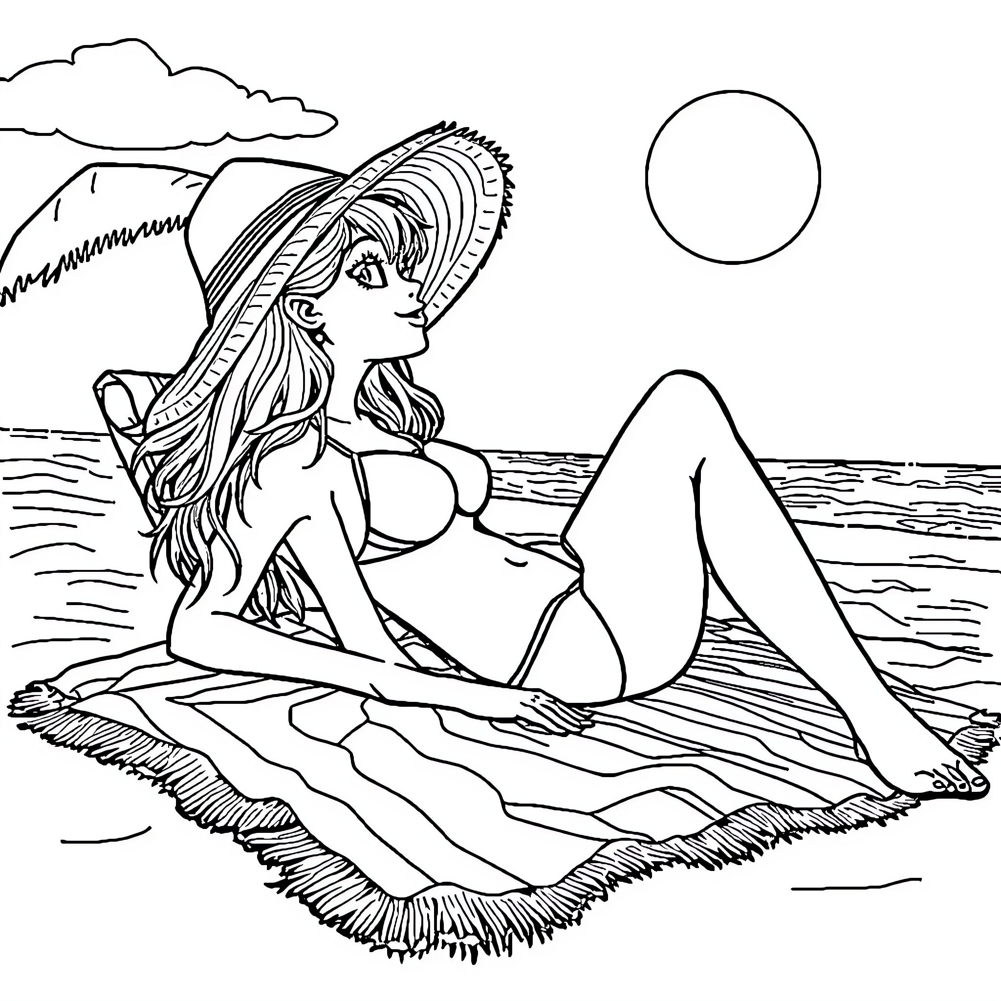 Teen Girl Relaxing on Beach Towel by the Sea Coloring Page (free black-and-white line drawing printable PDF for all, from beginners to advanced learners, including children, teens, adults, and seniors)