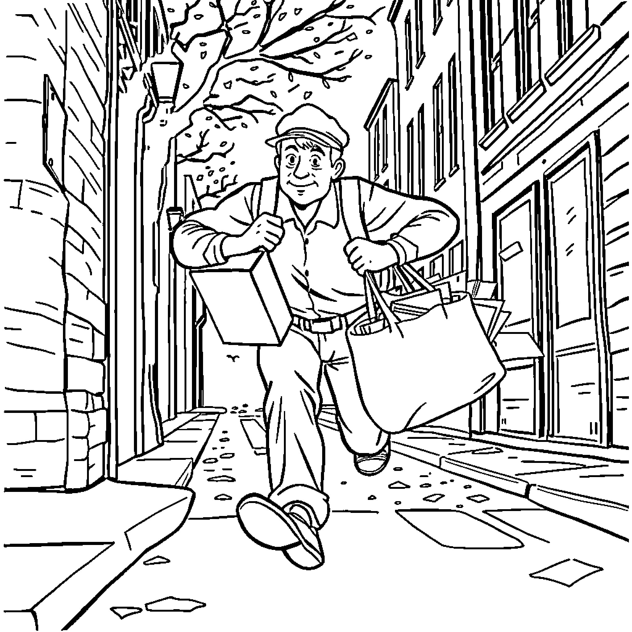 Postman Delivers Mail on a Snowy Day Coloring Page (free black-and-white line drawing printable PDF for all, from beginners to advanced learners, including children, teens, adults, and seniors)