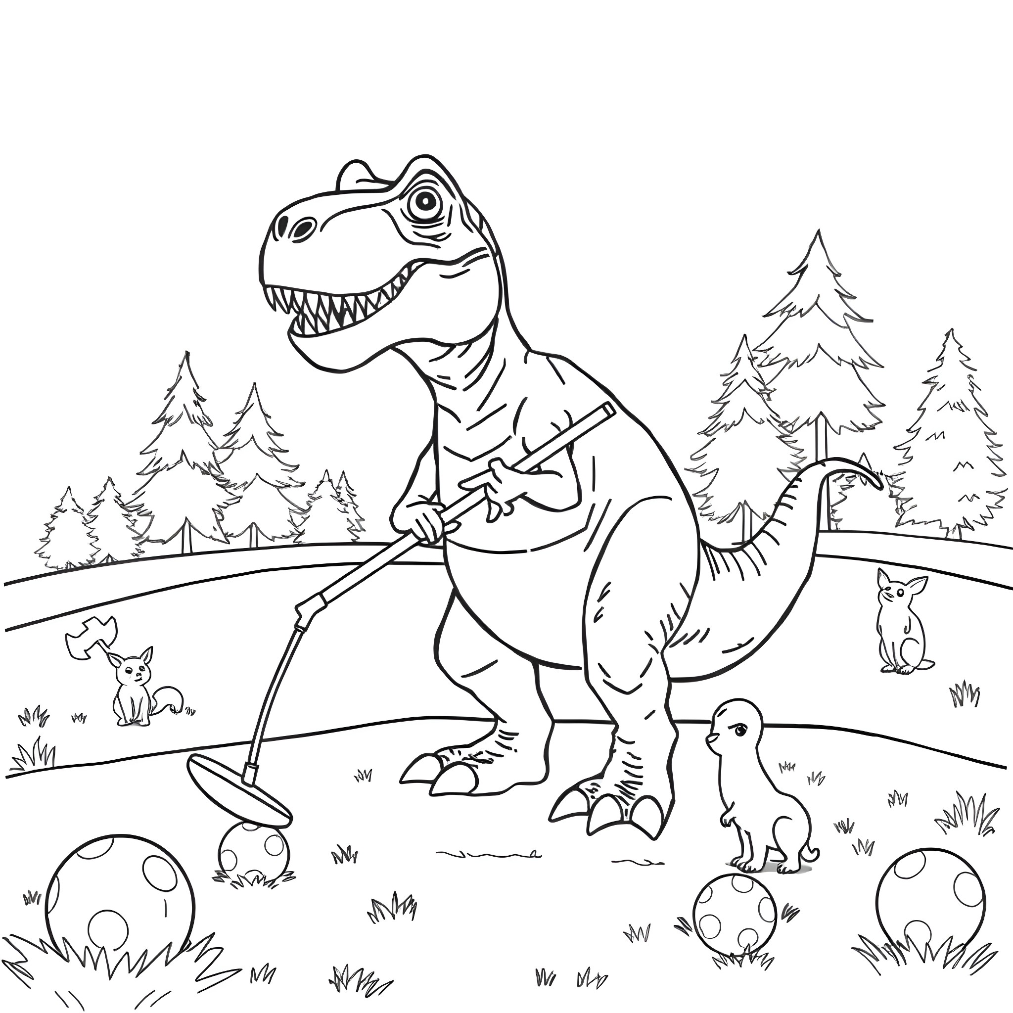 T-Rex exploring the forest with animal friends Coloring Page (free black-and-white line drawing printable PDF for all, from beginners to advanced learners, including children, teens, adults, and seniors)