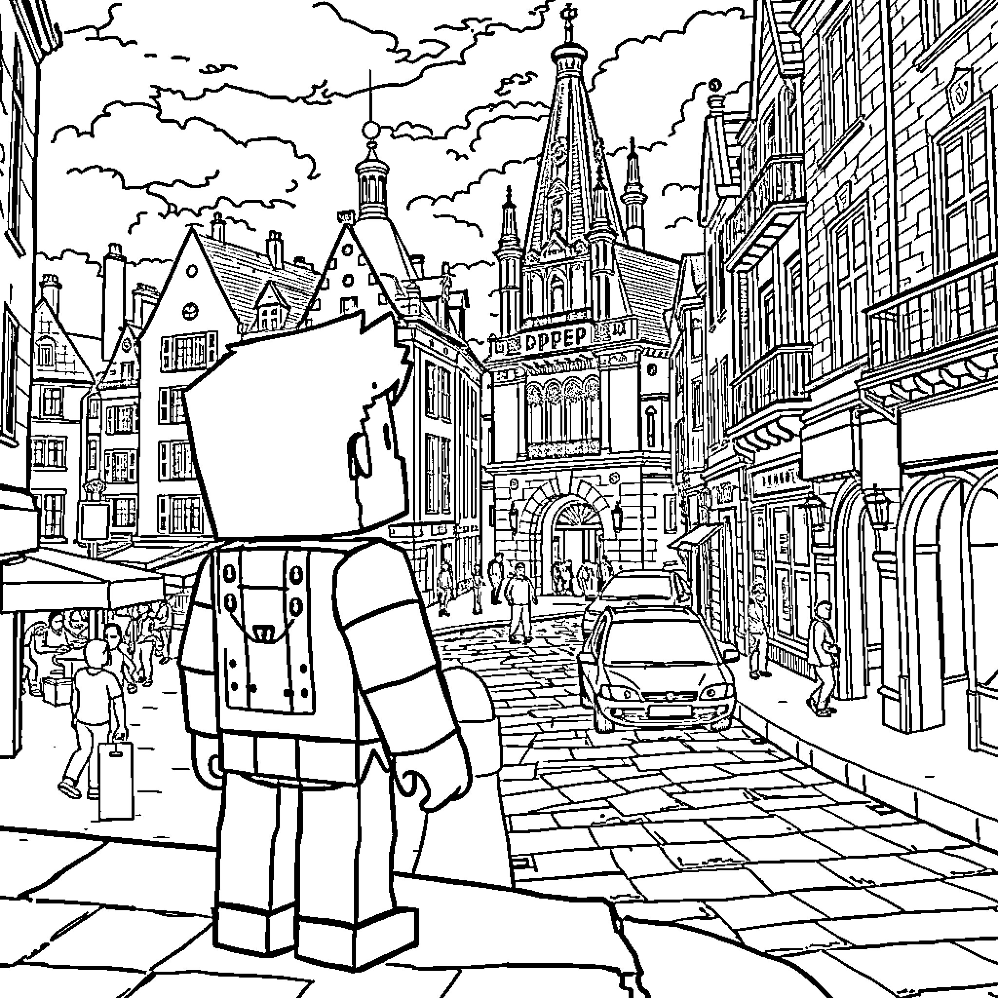 Steve standing and looking at a busy city street Coloring Page (free black-and-white line drawing printable PDF for all, from beginners to advanced learners, including children, teens, adults, and seniors)