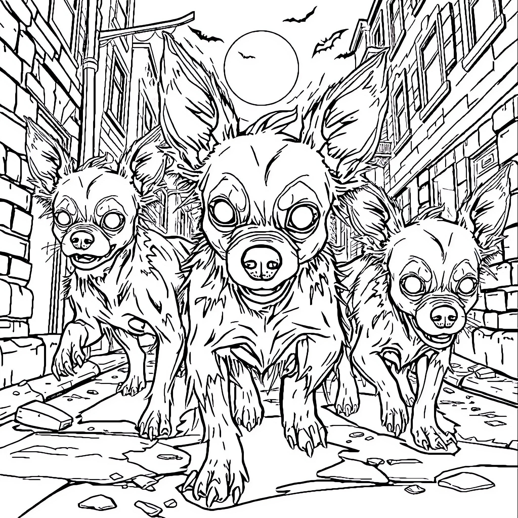 Chihuahuas Roaming the Spooky Urban Street Coloring Page (free black-and-white line drawing printable PDF for all, from beginners to advanced learners, including children, teens, adults, and seniors)