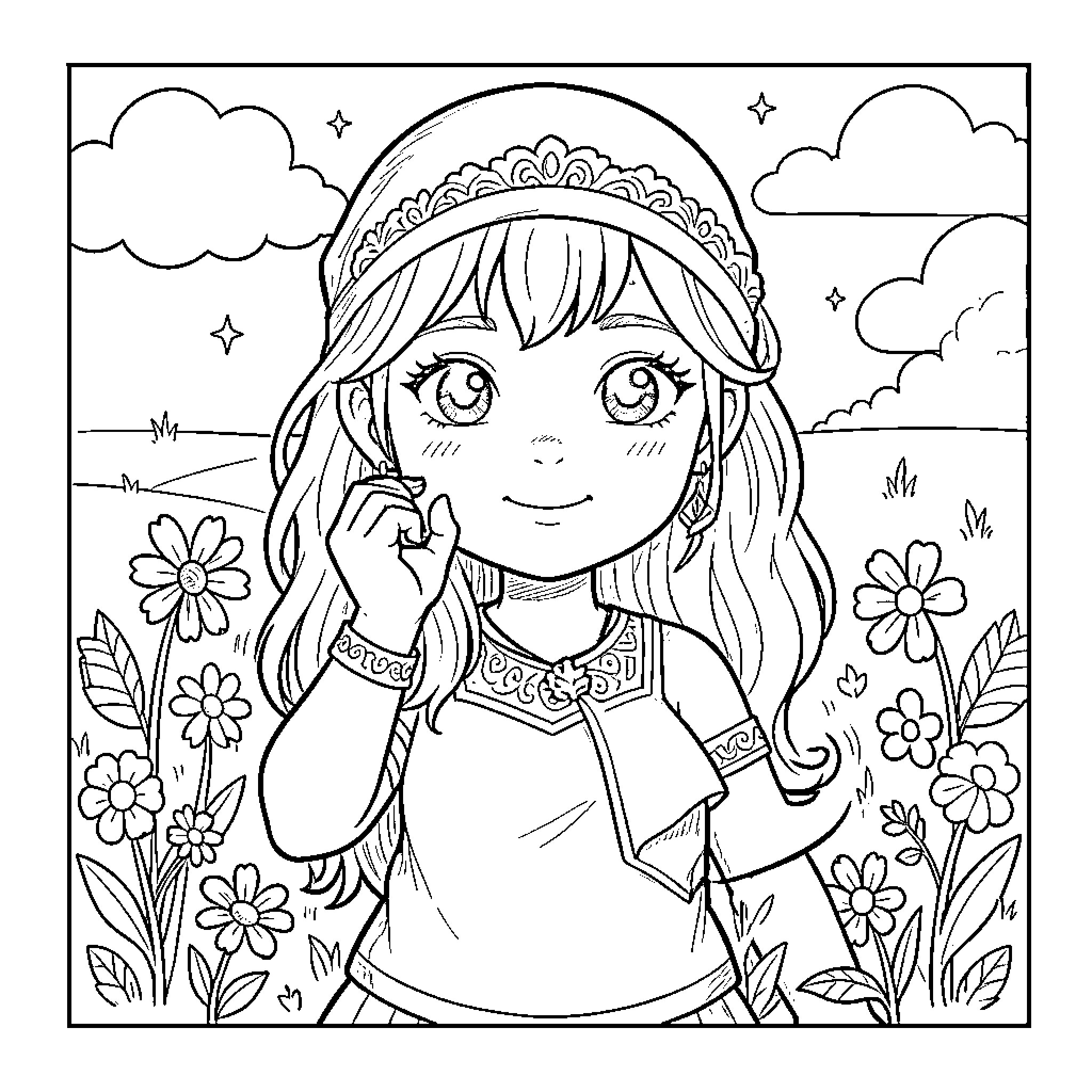 Drawing a happy girl smiling in a flower field Coloring Page (free black-and-white line drawing printable PDF for all, from beginners to advanced learners, including children, teens, adults, and seniors)