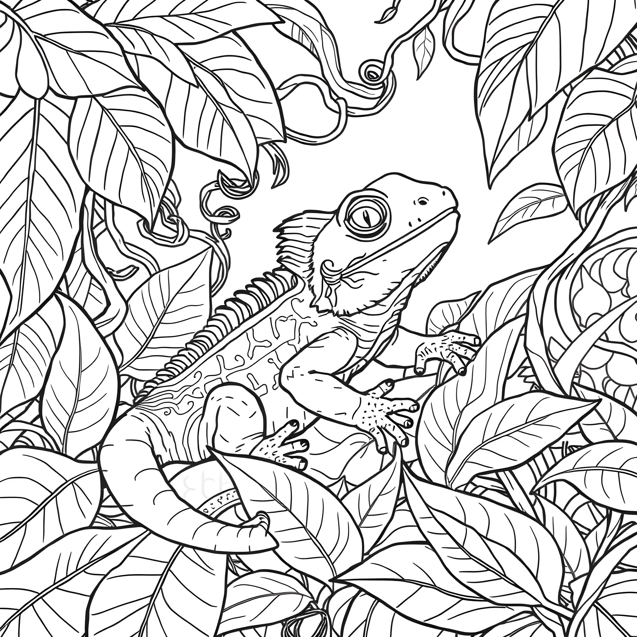 Iguana exploring the lush tropical foliage Coloring Page (free black-and-white line drawing printable PDF for all, from beginners to advanced learners, including children, teens, adults, and seniors)