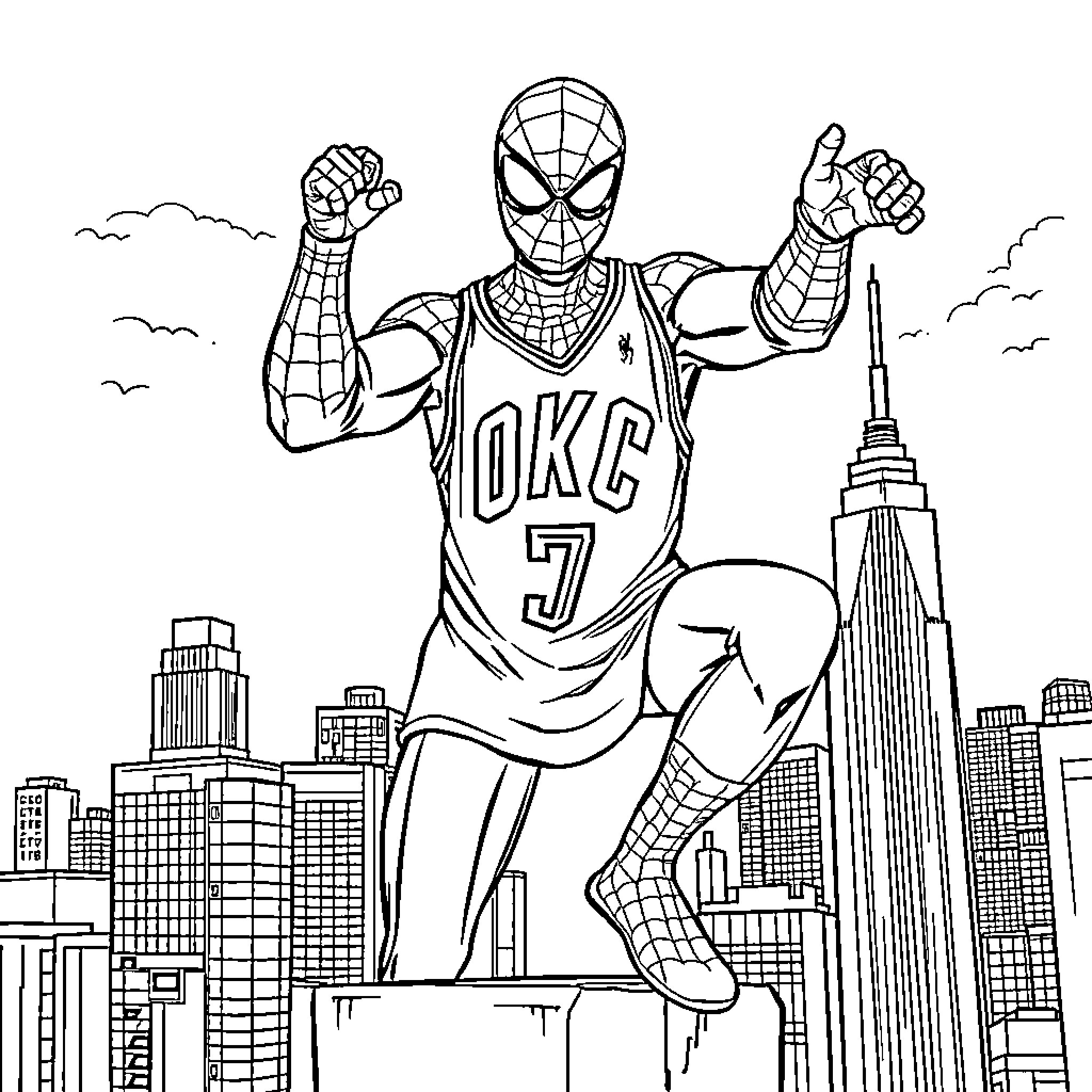 Spiderman in action with city skyline Coloring Page (free black-and-white line drawing printable PDF for all, from beginners to advanced learners, including children, teens, adults, and seniors)