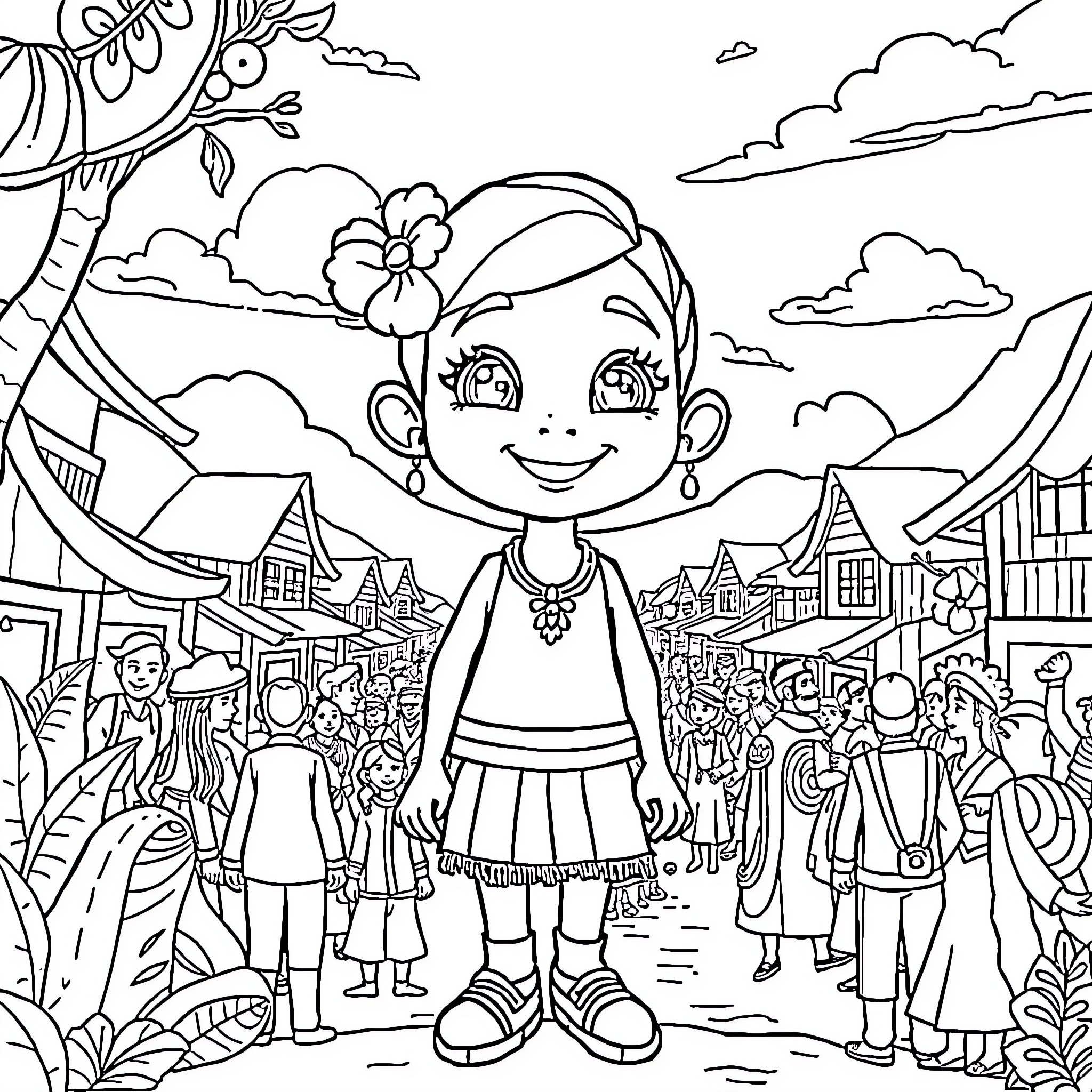 Aishakila's Vibrant Village Adventure Coloring Page (free black-and-white line drawing printable PDF for all, from beginners to advanced learners, including children, teens, adults, and seniors)
