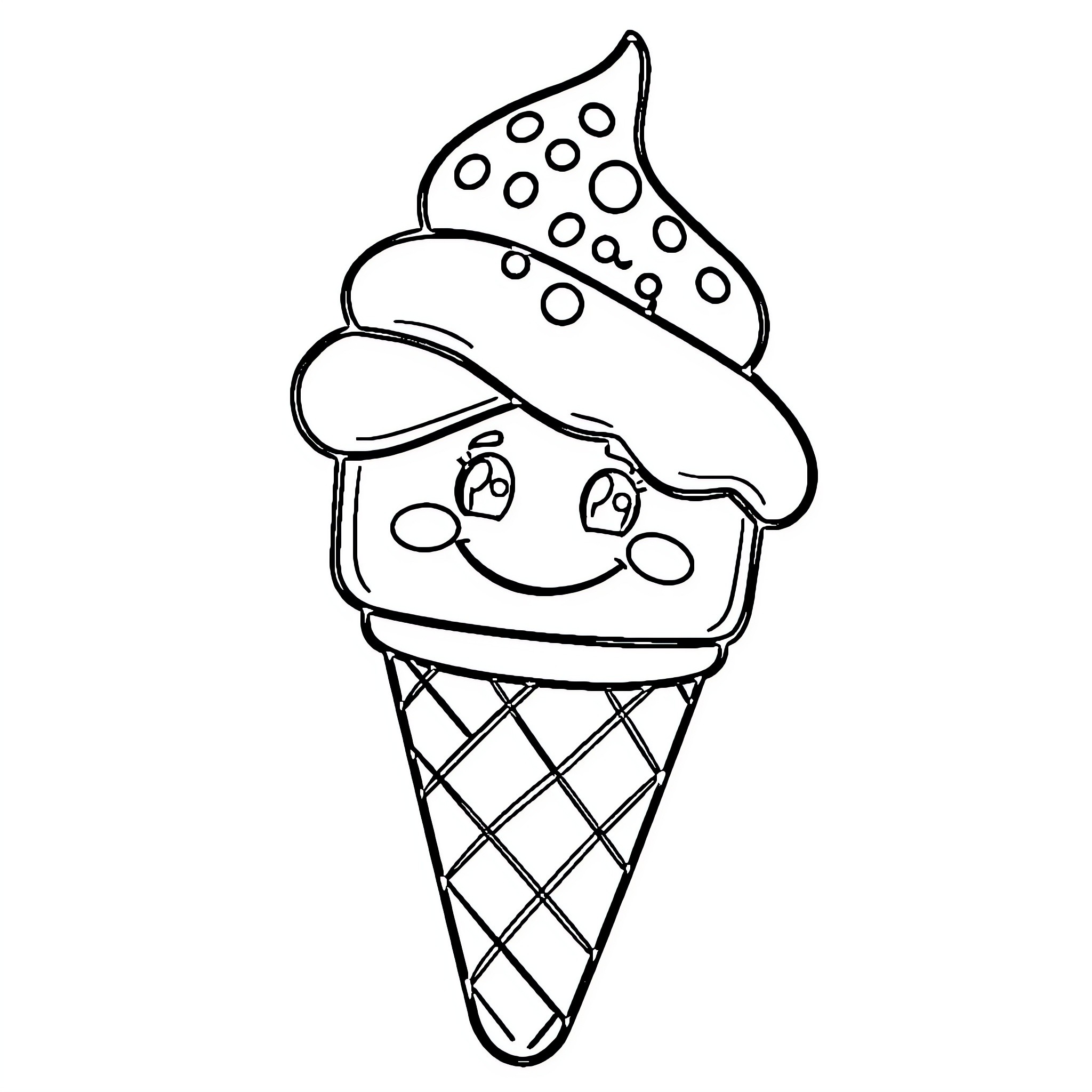 Ice Cream Cone with Friendly Expression Coloring Page (free black-and-white line drawing printable PDF for all, from beginners to advanced learners, including children, teens, adults, and seniors)