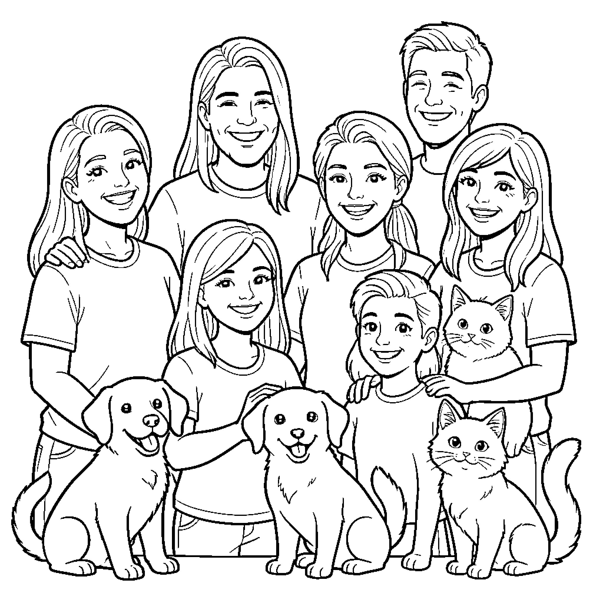 Person and Animal Family Portrait Coloring Page (free black-and-white line drawing printable PDF for all, from beginners to advanced learners, including children, teens, adults, and seniors)