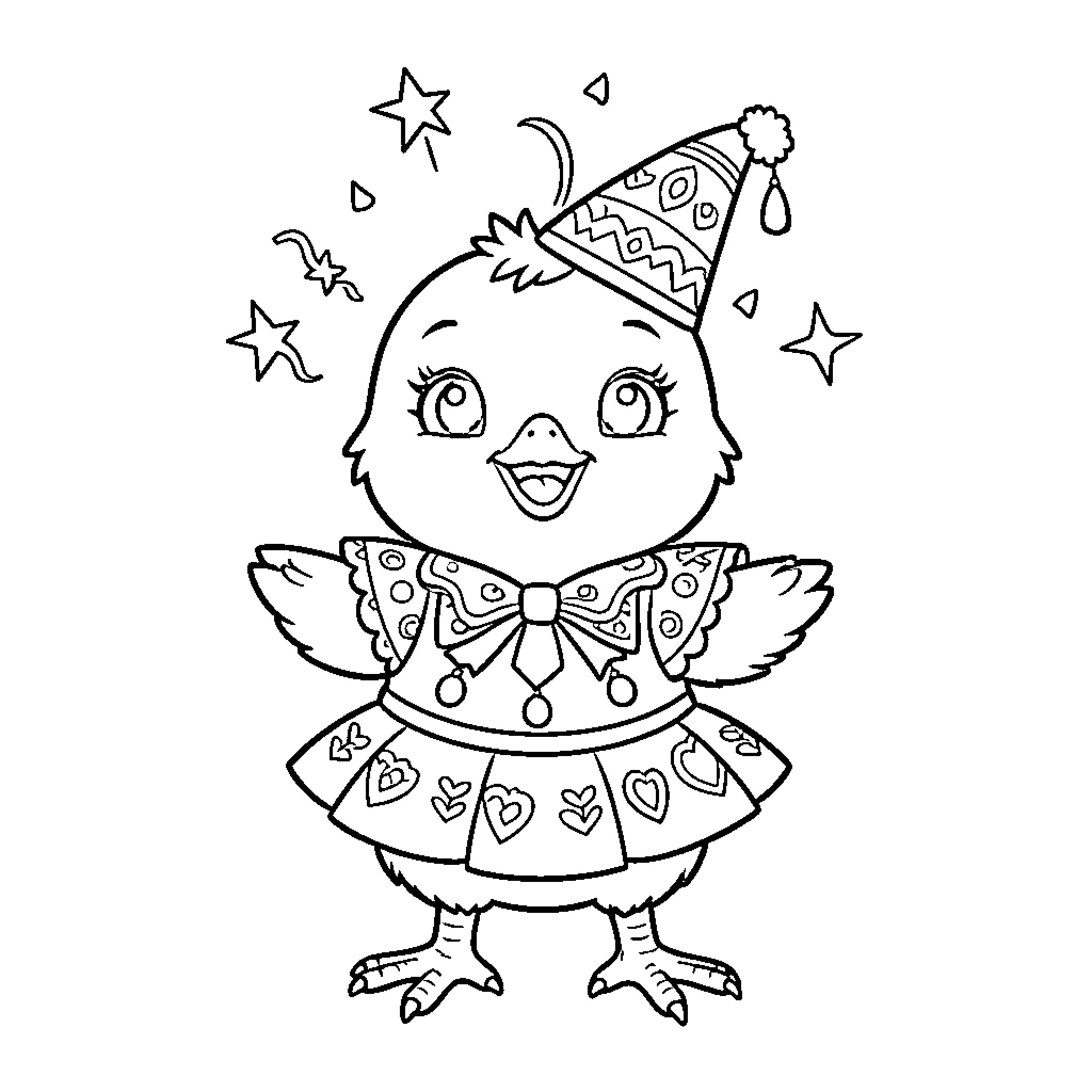 Chick wearing a party hat and dress with stars Coloring Page (free black-and-white line drawing printable PDF for all, from beginners to advanced learners, including children, teens, adults, and seniors)