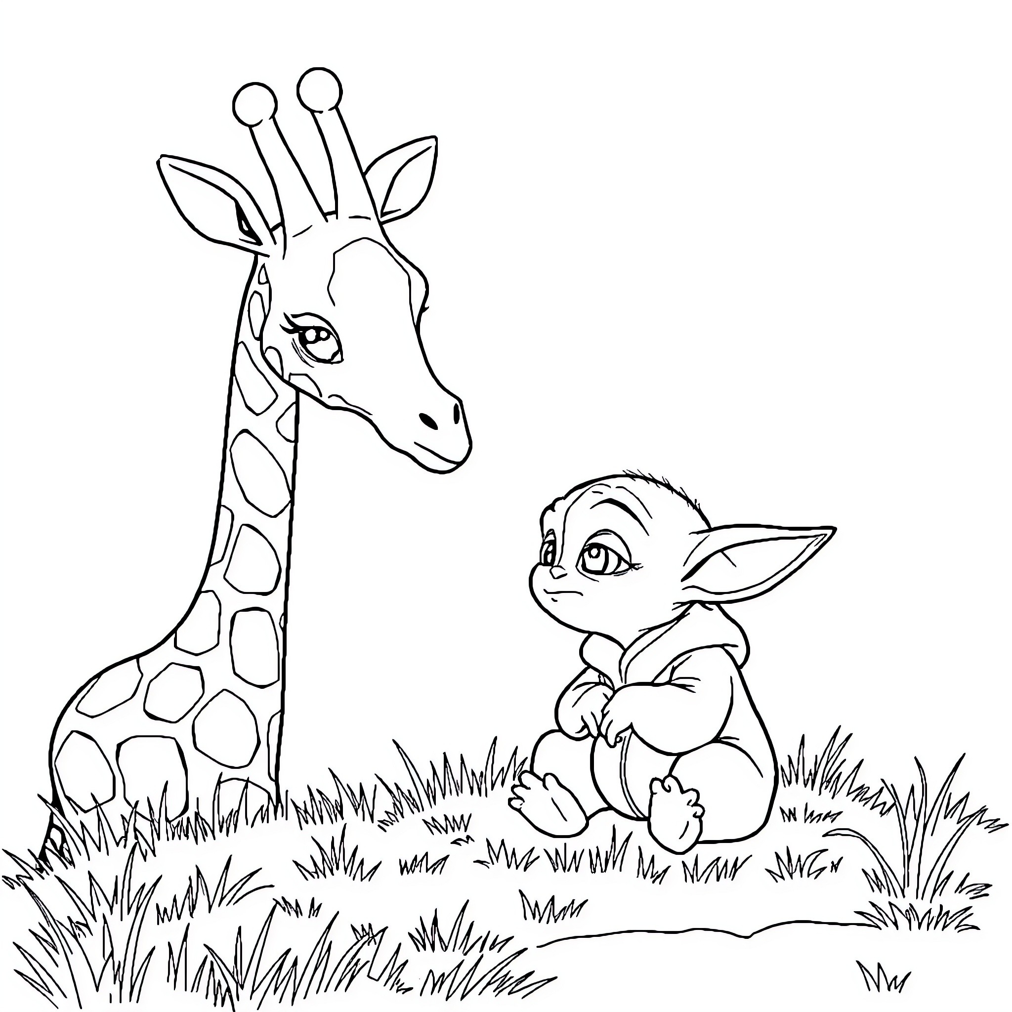 Baby Yoda Meets a Curious Giraffe Coloring Page (free black-and-white line drawing printable PDF for all, from beginners to advanced learners, including children, teens, adults, and seniors)