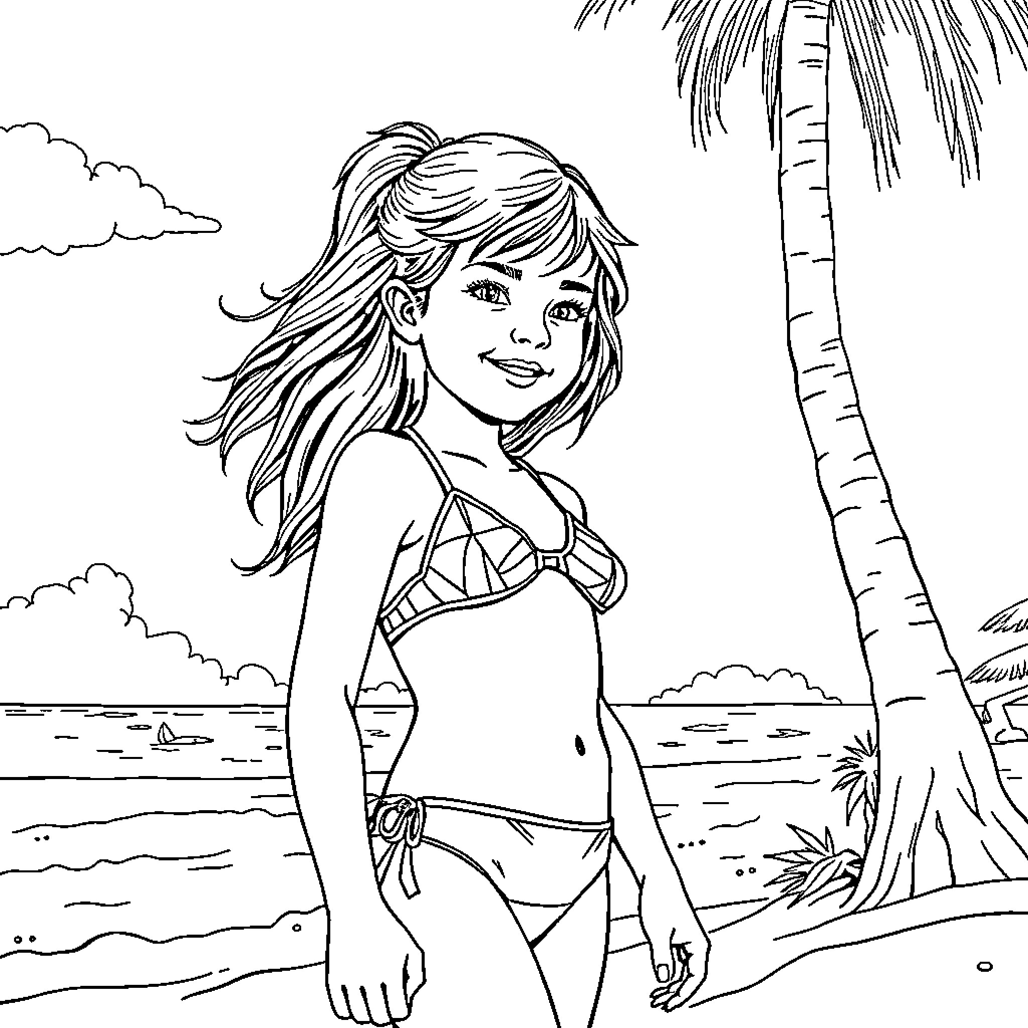 Teen girl relaxing on the beach Coloring Page (free black-and-white line drawing printable PDF for all, from beginners to advanced learners, including children, teens, adults, and seniors)