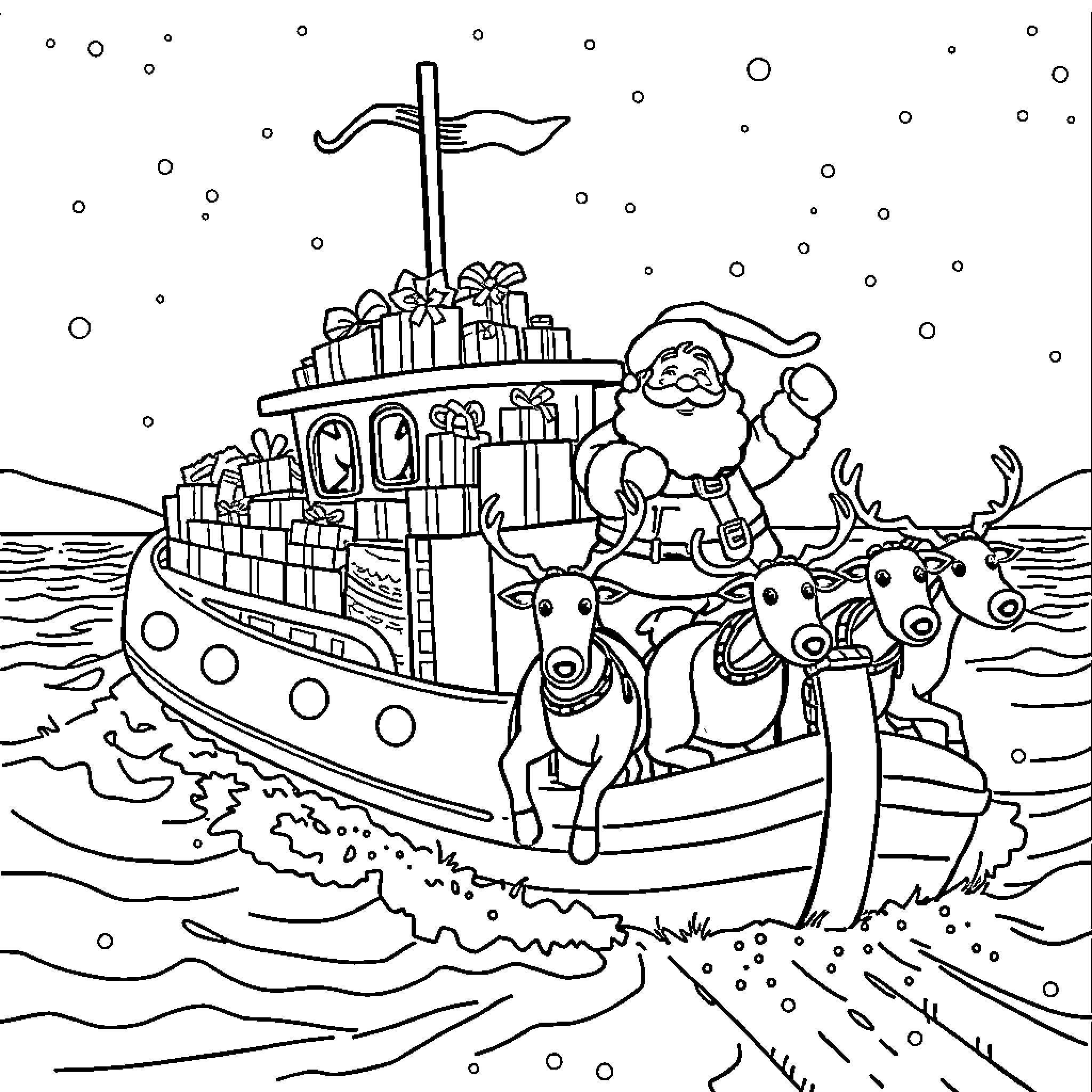 Santa sailing on a decorated ship with reindeer Coloring Page (free black-and-white line drawing printable PDF for all, from beginners to advanced learners, including children, teens, adults, and seniors)