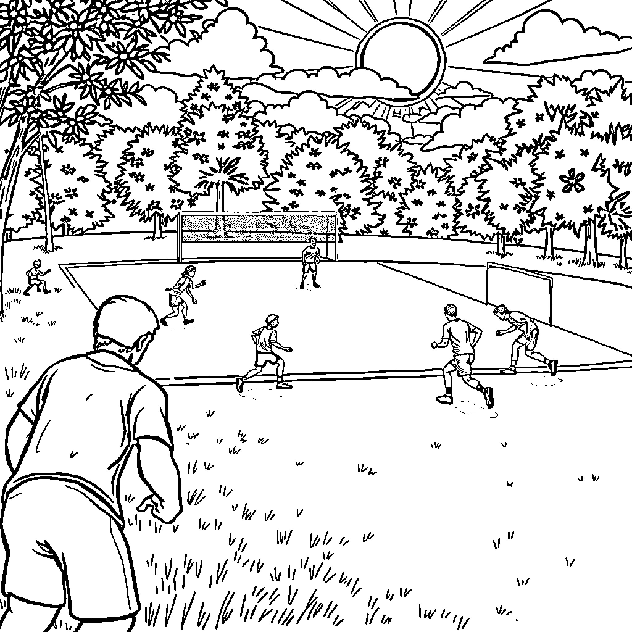 Sport scene of people exercising outdoors Coloring Page (free black-and-white line drawing printable PDF for all, from beginners to advanced learners, including children, teens, adults, and seniors)