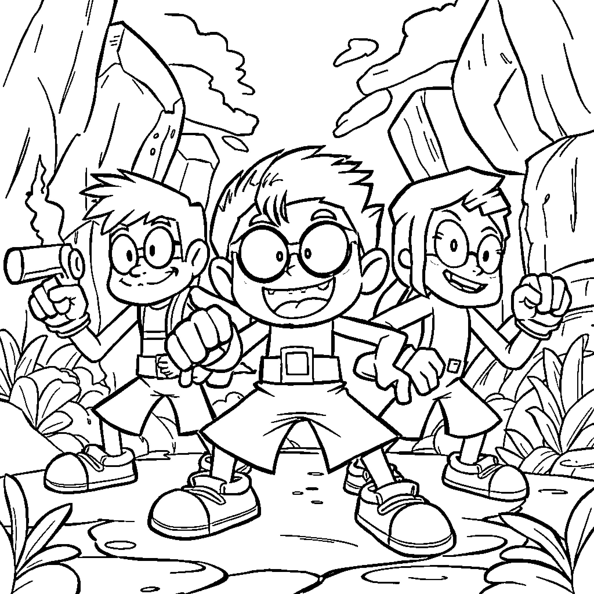 Game Character Trio Exploring the Outdoors Coloring Page (free black-and-white line drawing printable PDF for all, from beginners to advanced learners, including children, teens, adults, and seniors)