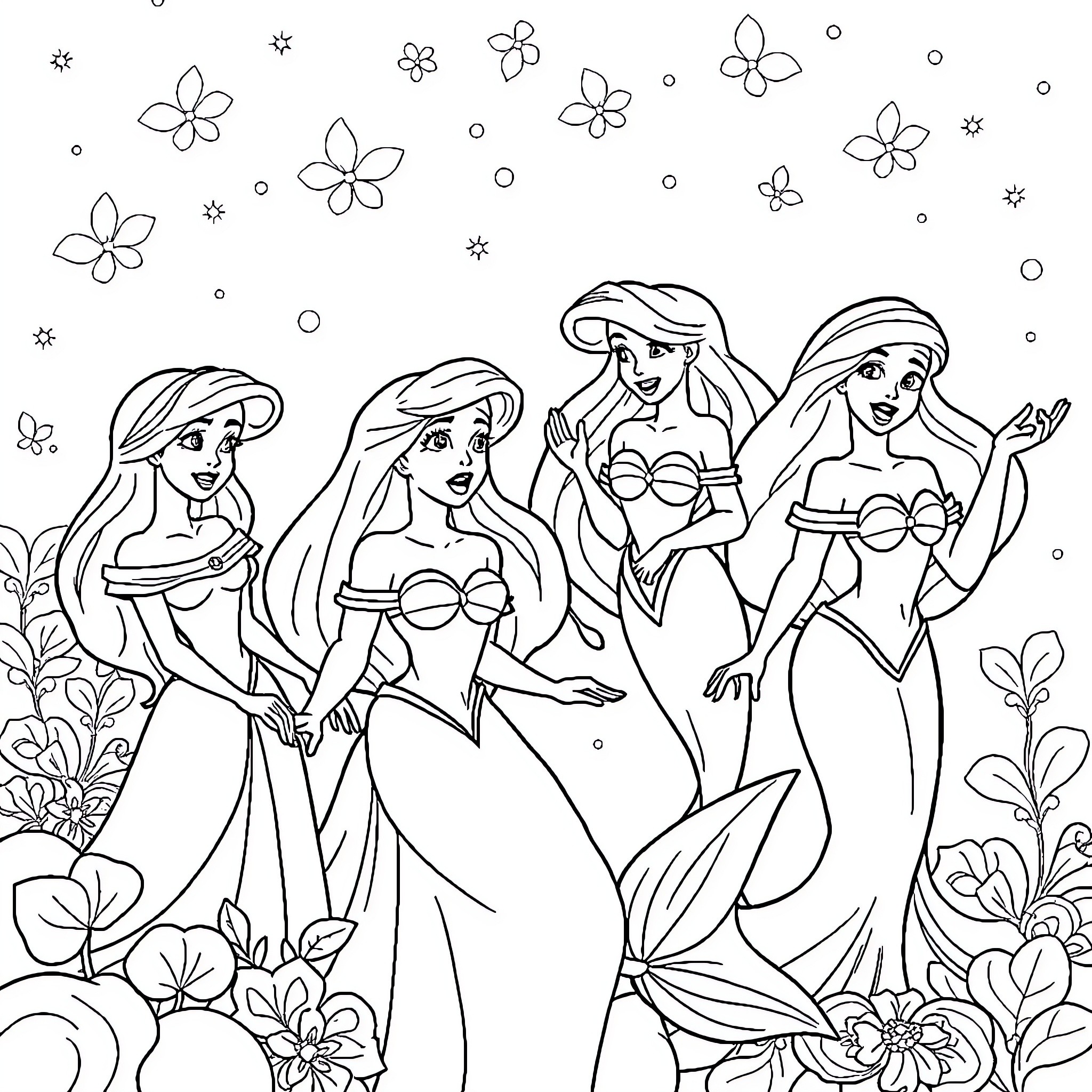 Princess Mermaids Frolicking in a Floral Wonderland Coloring Page (free black-and-white line drawing printable PDF for all, from beginners to advanced learners, including children, teens, adults, and seniors)