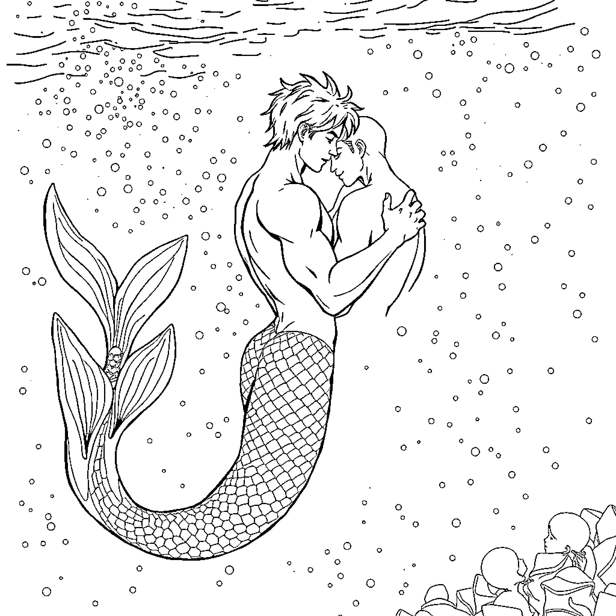 Merman embracing his lover underwater Coloring Page (free black-and-white line drawing printable PDF for all, from beginners to advanced learners, including children, teens, adults, and seniors)