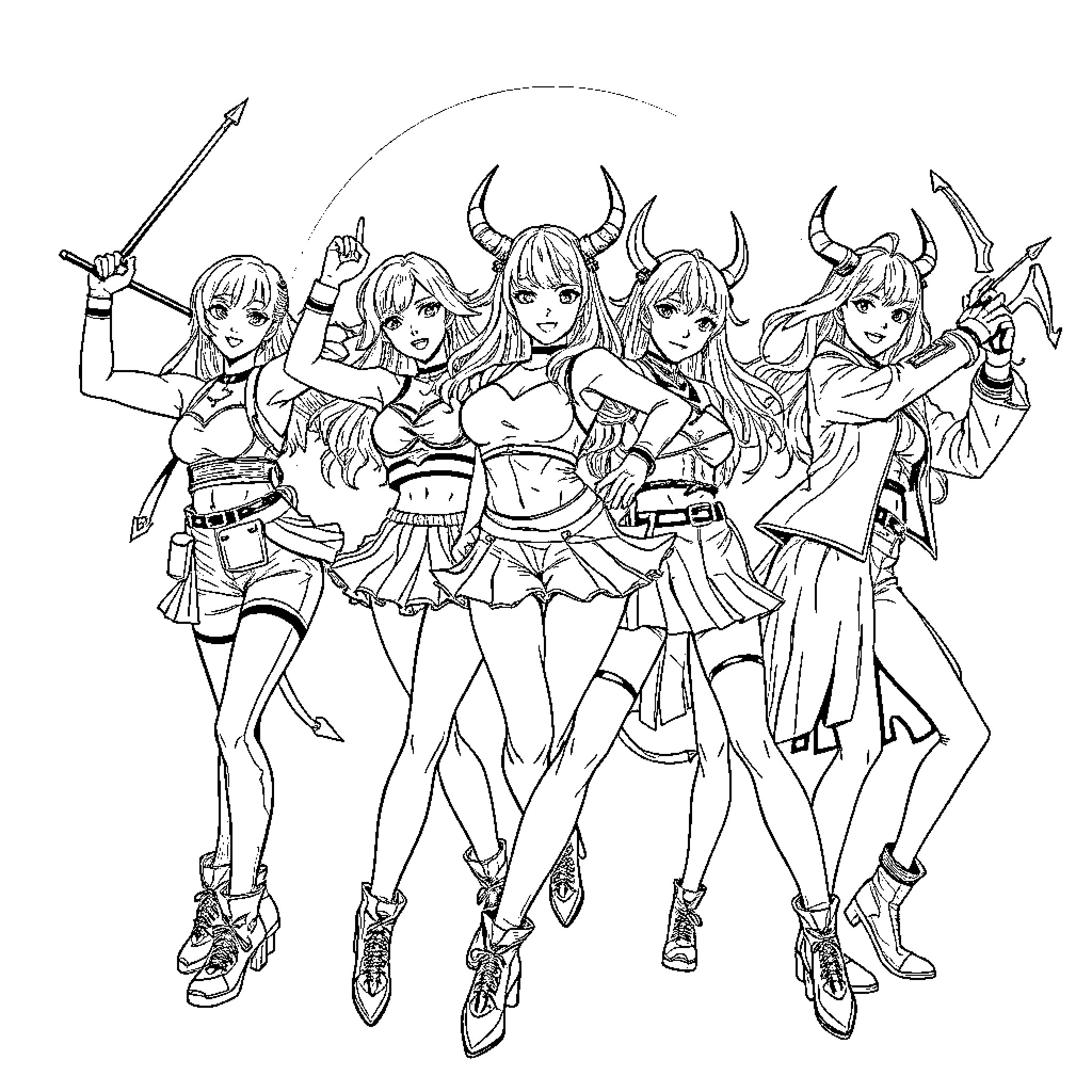 Demon Hunter Squad in Fierce Battle Stance Coloring Page (free black-and-white line drawing printable PDF for all, from beginners to advanced learners, including children, teens, adults, and seniors)