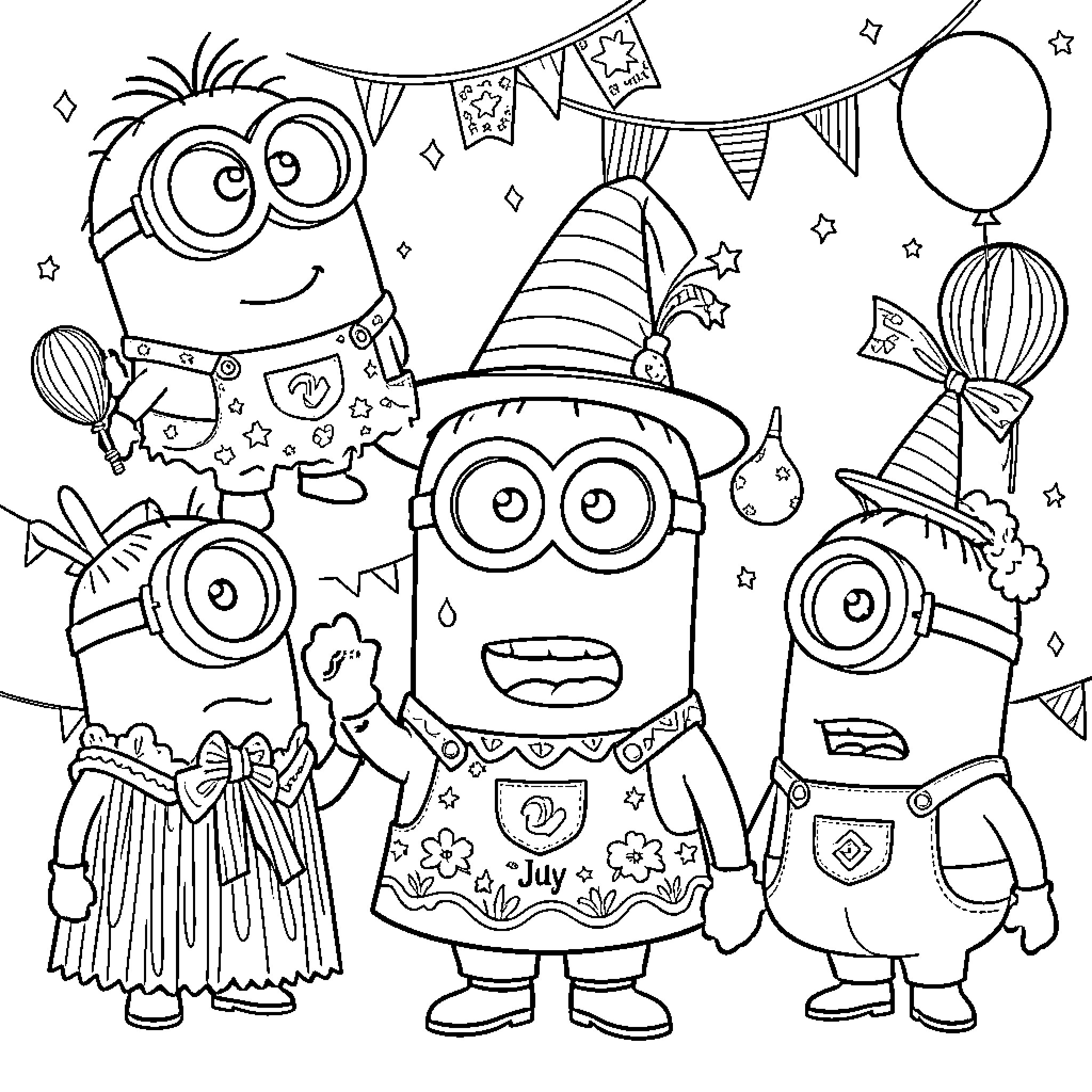 Minions celebrating a festive party with hats and balloons Coloring Page (free black-and-white line drawing printable PDF for all, from beginners to advanced learners, including children, teens, adults, and seniors)
