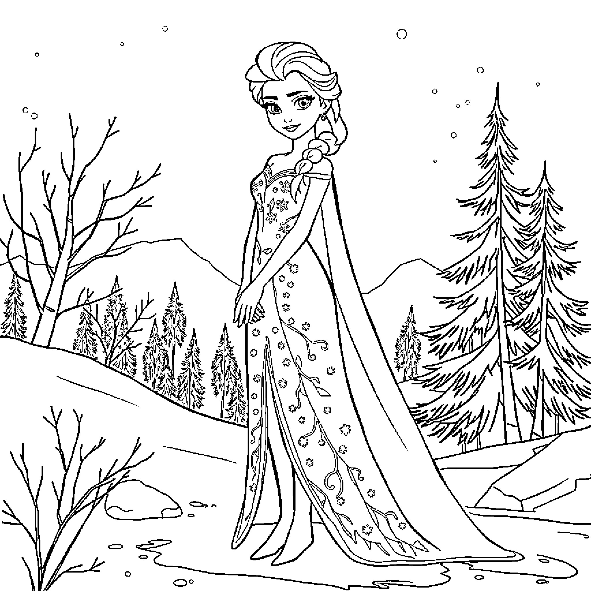 Frozen Character in a Snowy Winter Landscape Coloring Page (free black-and-white line drawing printable PDF for all, from beginners to advanced learners, including children, teens, adults, and seniors)