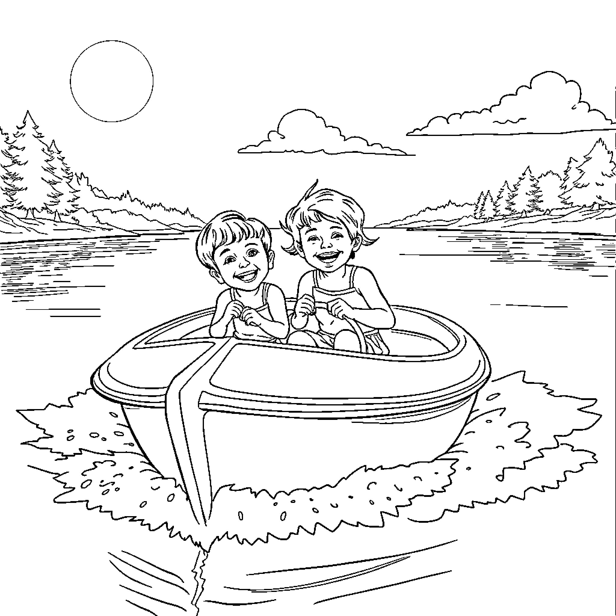 Child Enjoying Boat Ride in Nature Coloring Page (free black-and-white line drawing printable PDF for all, from beginners to advanced learners, including children, teens, adults, and seniors)