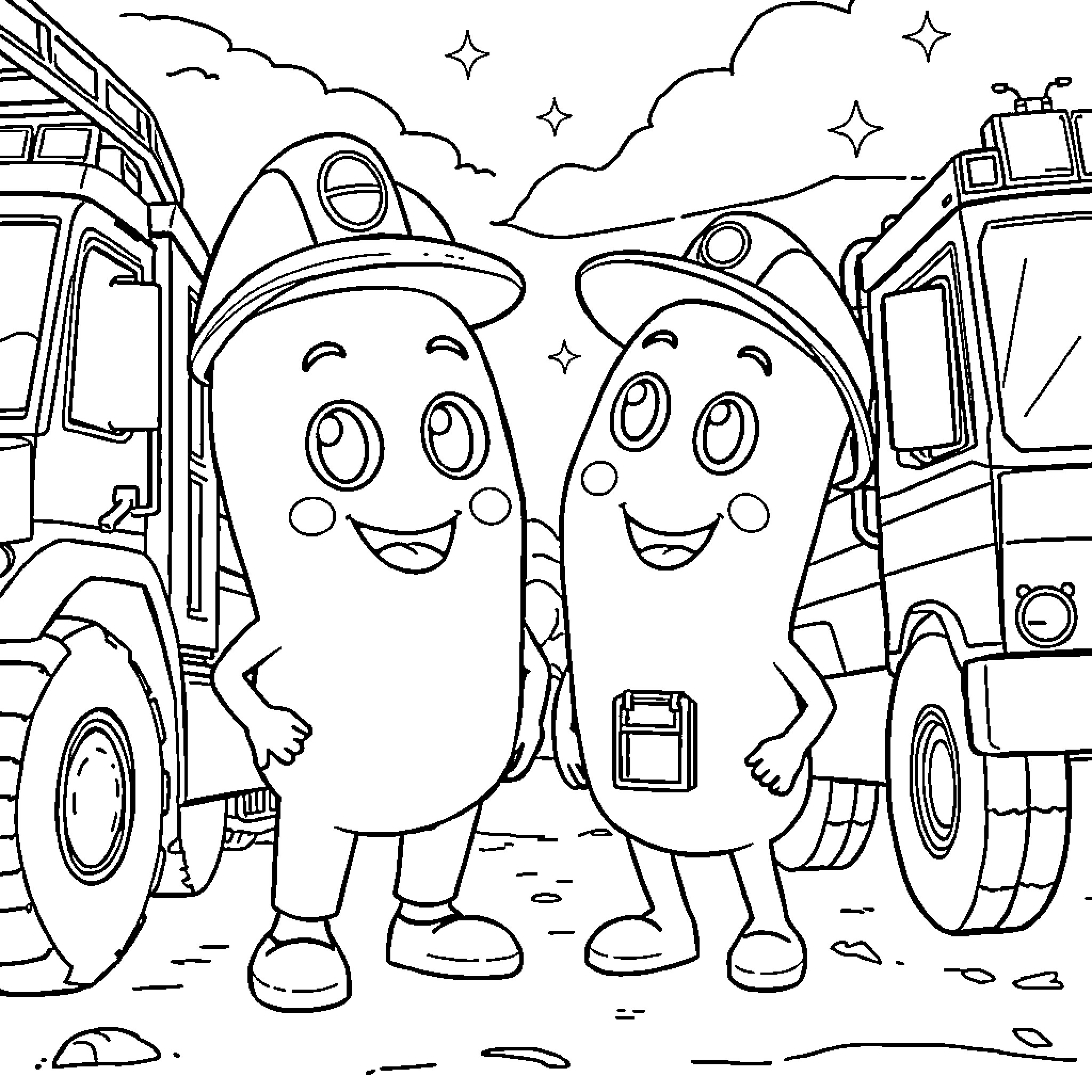Blippi characters exploring the construction site Coloring Page (free black-and-white line drawing printable PDF for all, from beginners to advanced learners, including children, teens, adults, and seniors)