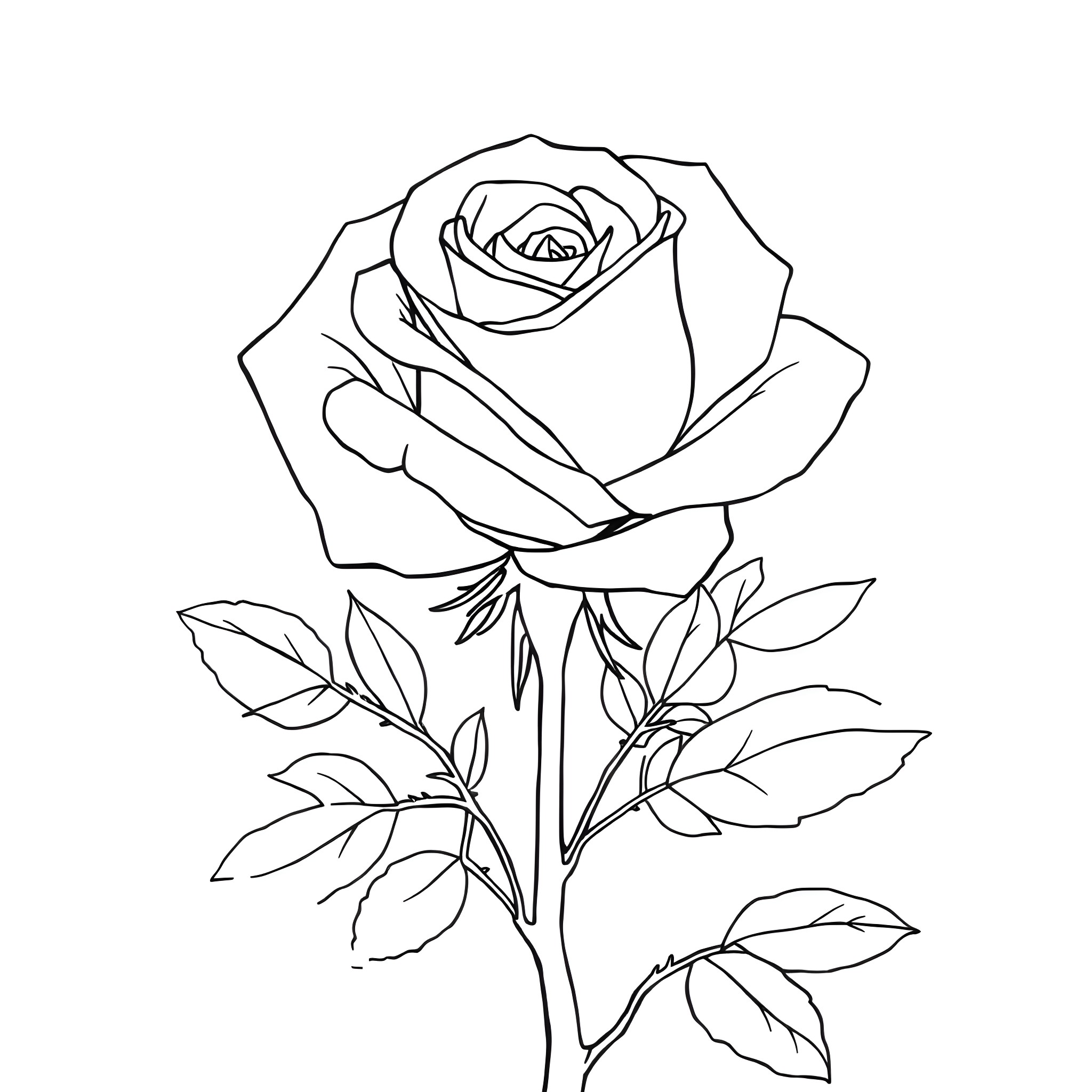 Rose in Elegant Bloom Coloring Page (free black-and-white line drawing printable PDF for all, from beginners to advanced learners, including children, teens, adults, and seniors)