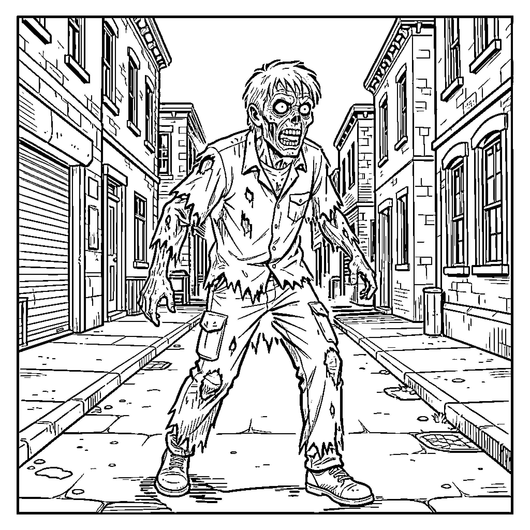 Zombie walking through a narrow city alleyway Coloring Page (free black-and-white line drawing printable PDF for all, from beginners to advanced learners, including children, teens, adults, and seniors)